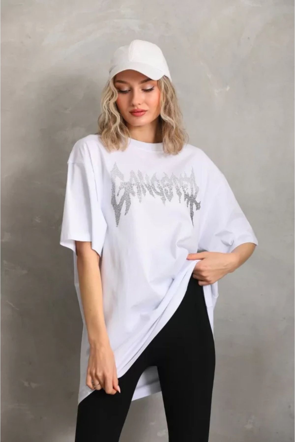 ARUZ MODA Unisex Taş Desenli Oversize T-Shirt - Beyaz