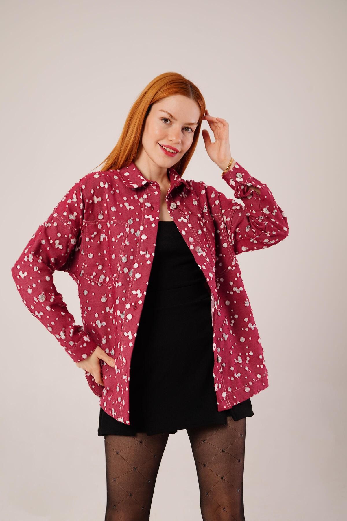 ARUZ MODA Eskitme Görünümlü Denim Bordo Gömlek