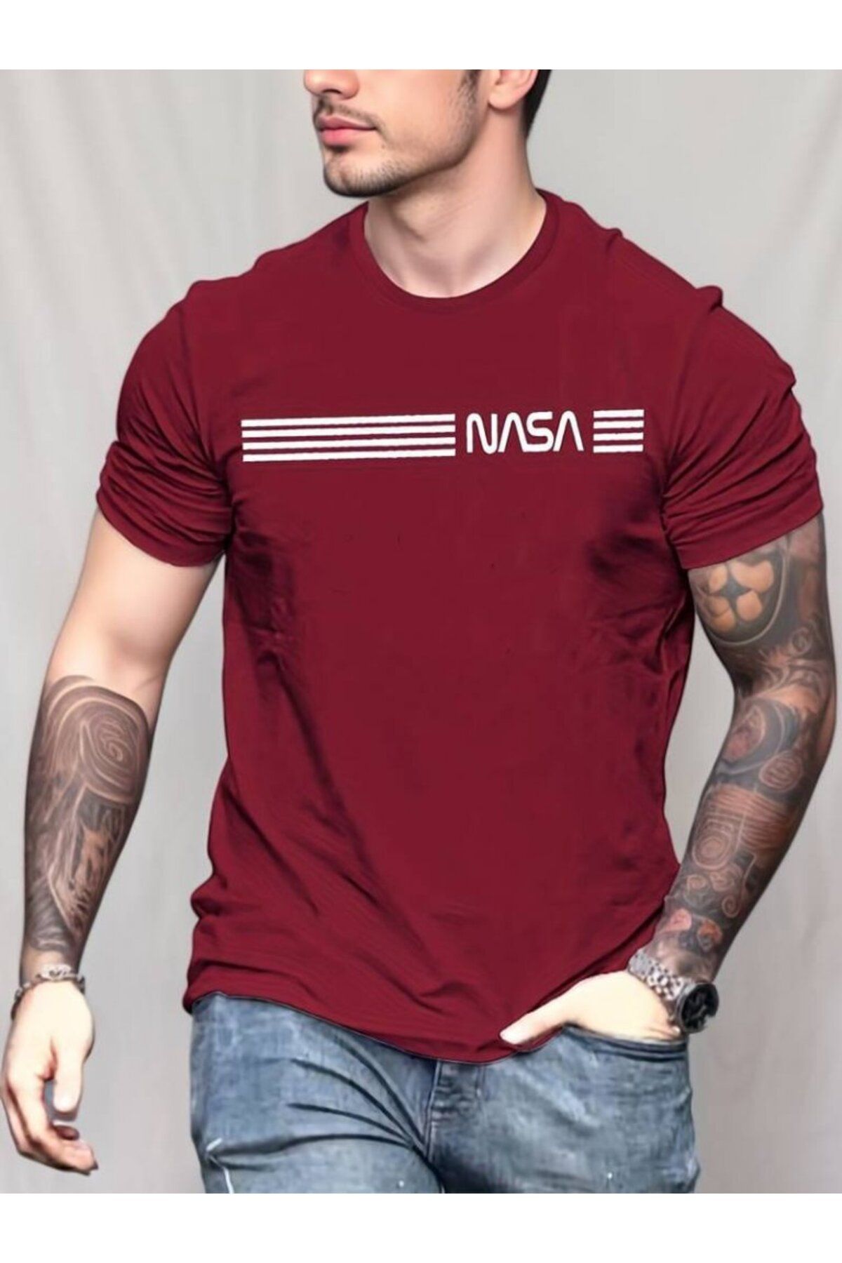 ARUZ MODA Erkek Kısa Kollu Nasa Baskı Basic Erkek T-shirt