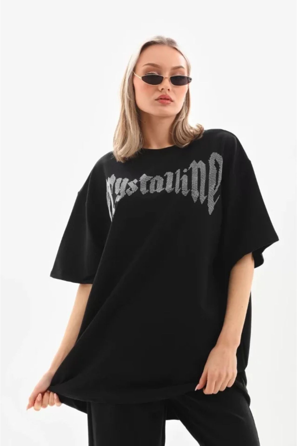 ARUZ MODA Unisex Taş Desenli Oversize T-Shirt - Beyaz