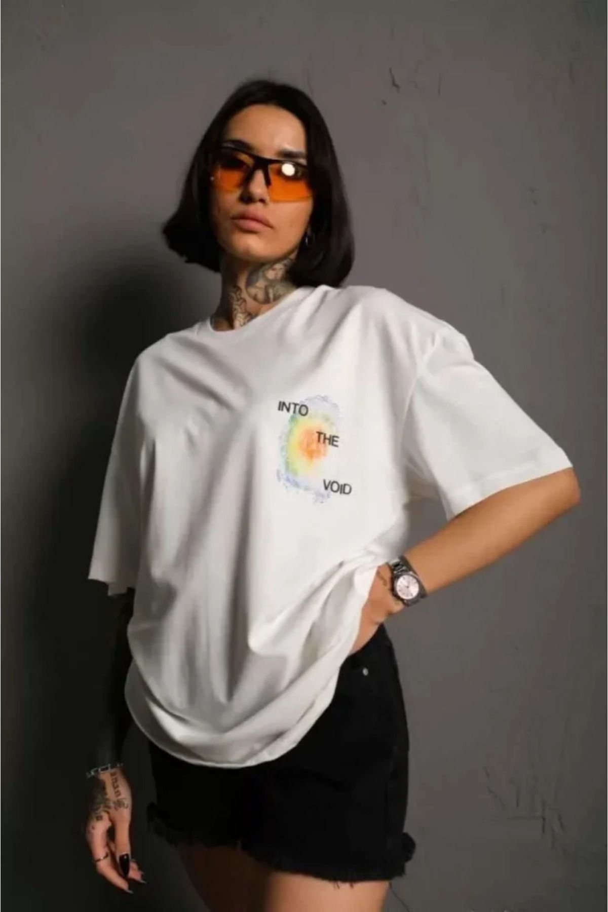 ARUZ MODA Unisex Bisiklet Yaka Baskılı Oversize T-Shirt - Beyaz