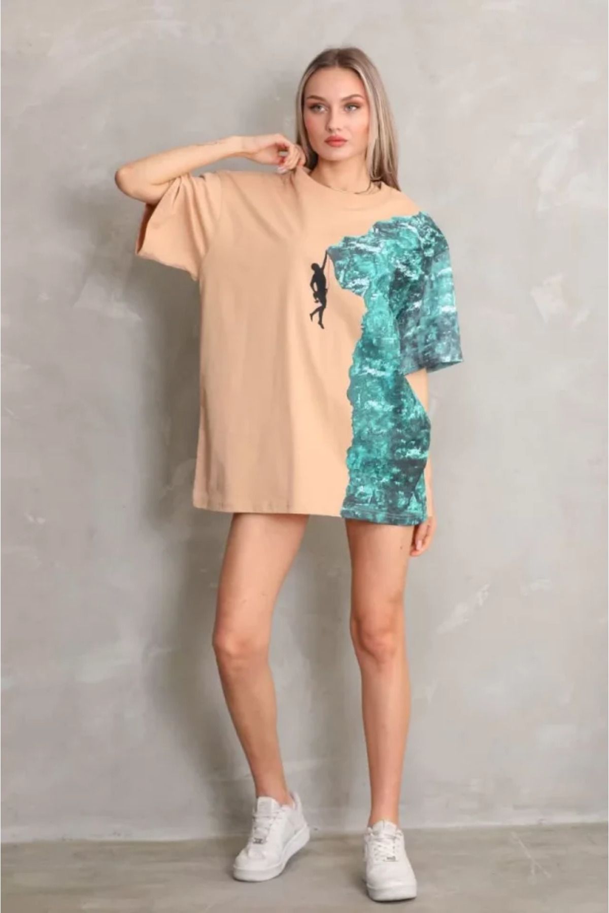 ARUZ MODA Unisex Bisiklet Yaka Baskılı Oversize T-Shirt - Bej
