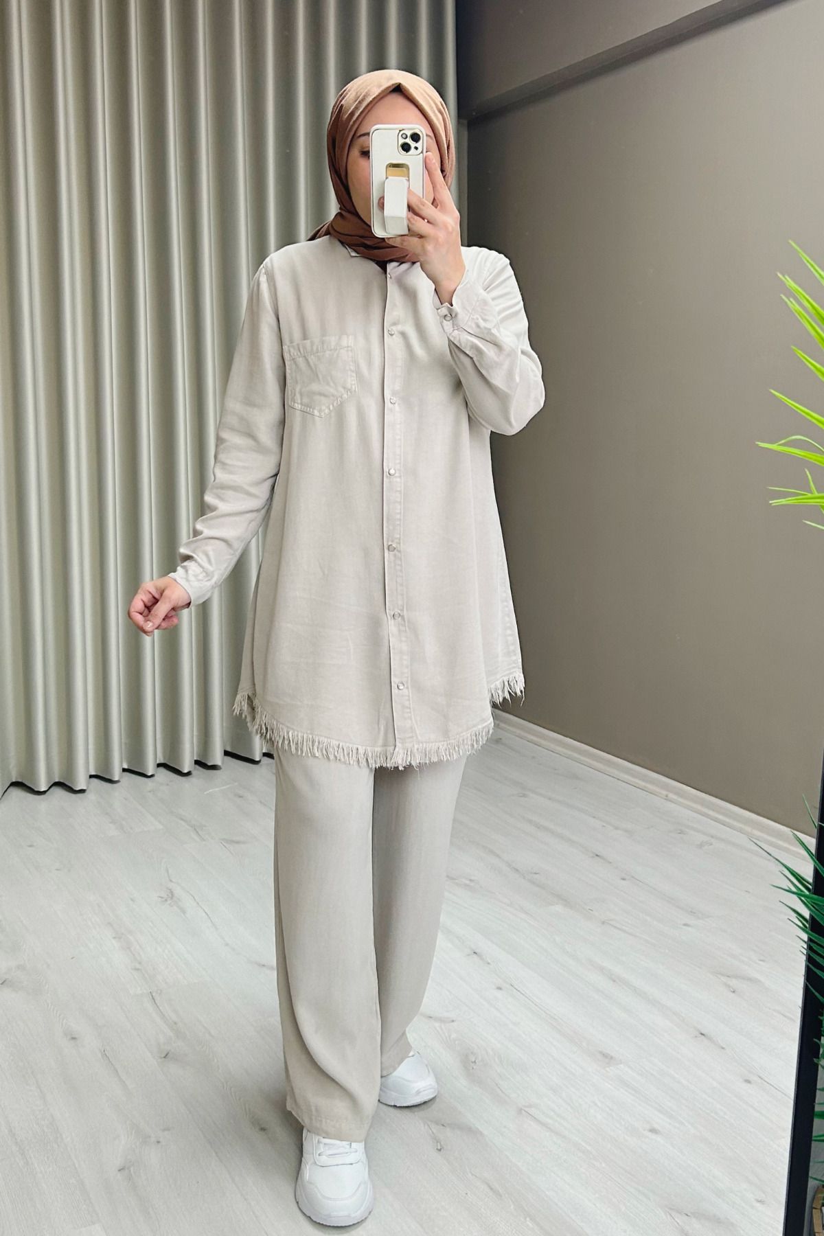 T Moda Store Premium Kumaş Çıtçıt Düğme Detaylı Gömlek Pantolon İkili Tesettür Takım