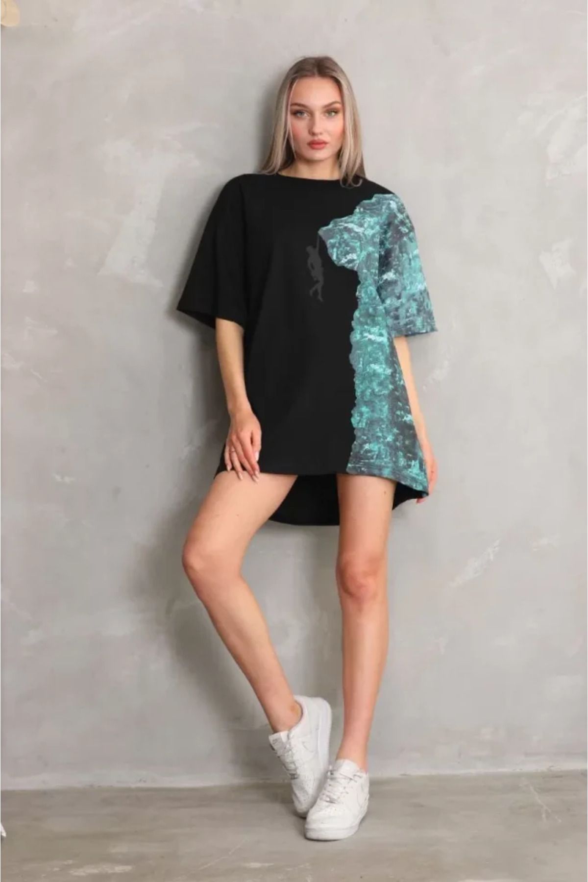 ARUZ MODA Unisex Bisiklet Yaka Baskılı Oversize T-Shirt - Siyah