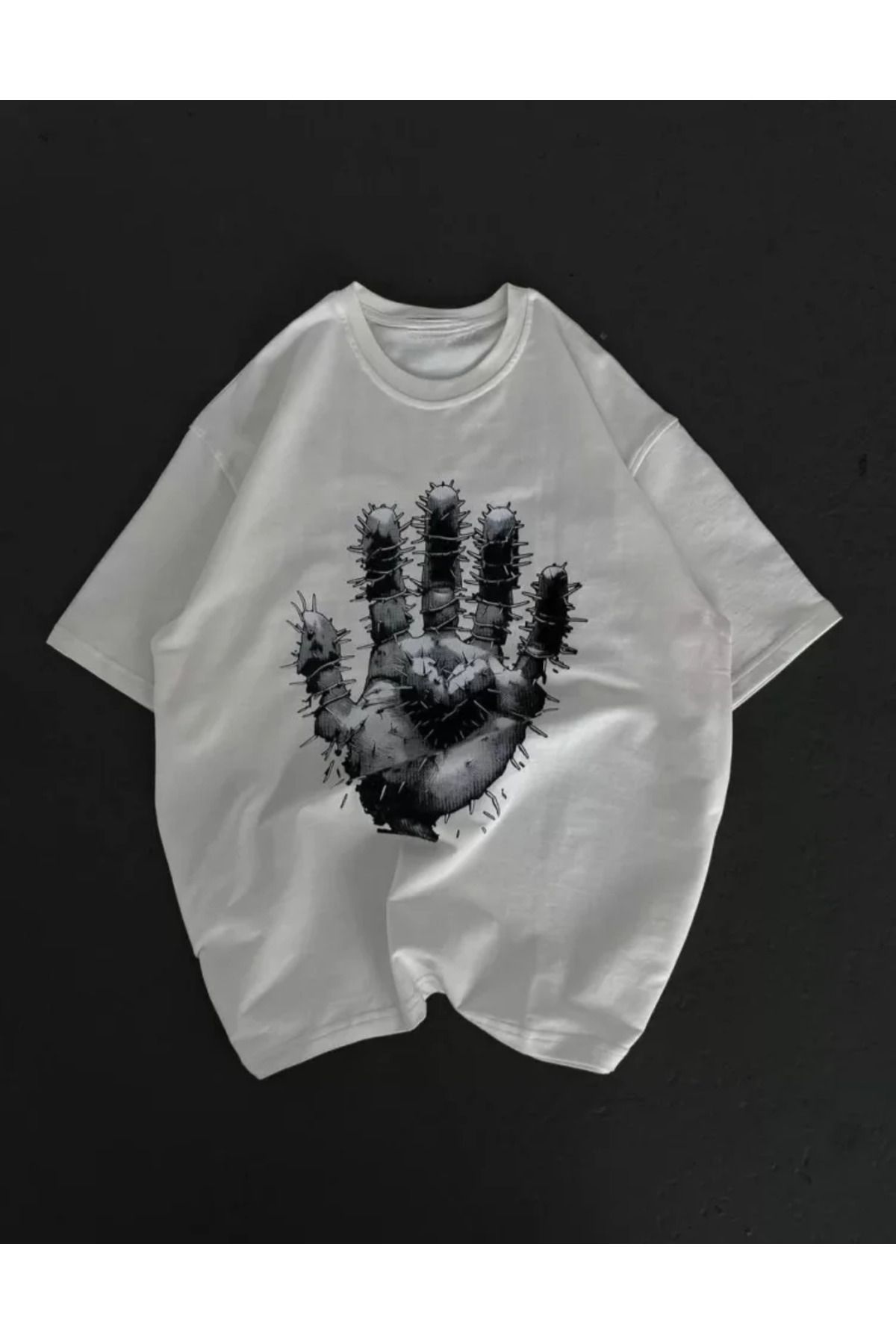 ARUZ MODA Unisex Bisiklet Yaka Baskılı Oversize T-Shirt - Beyaz