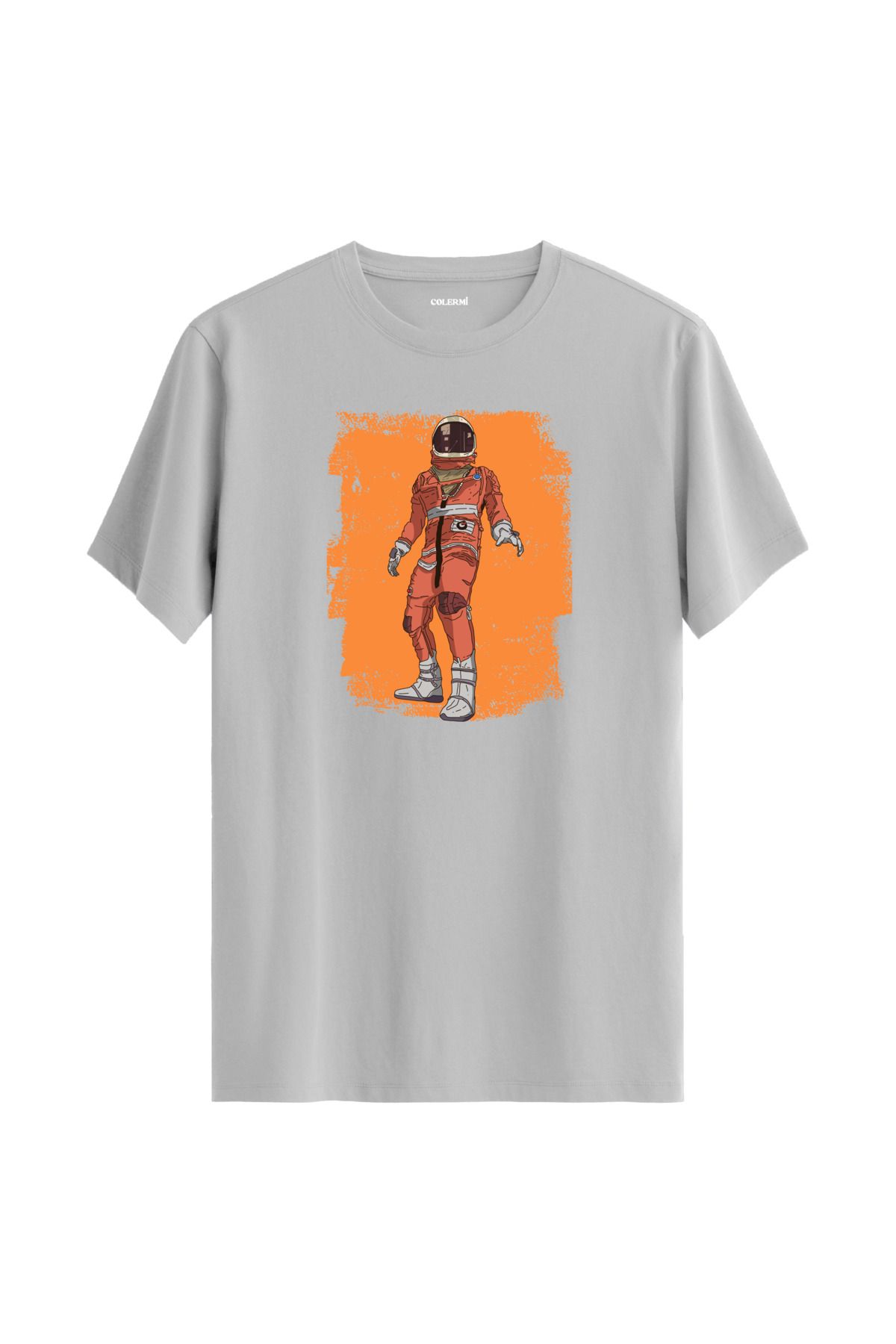 Colermi Turuncu Astronot Grafik Baskılı Unisex %100 Pamuk Gri Tshirt