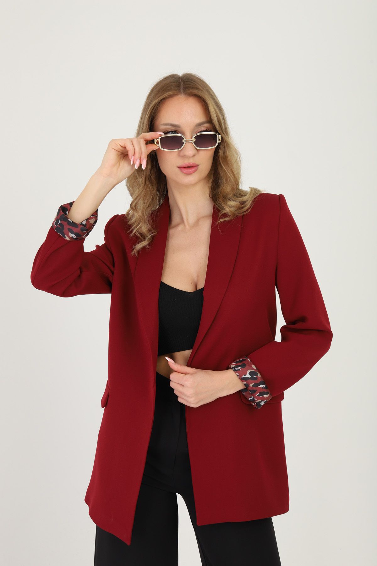 Milamia Kadın Astar Leopar Desenli Nar Çiçeği Ceket
