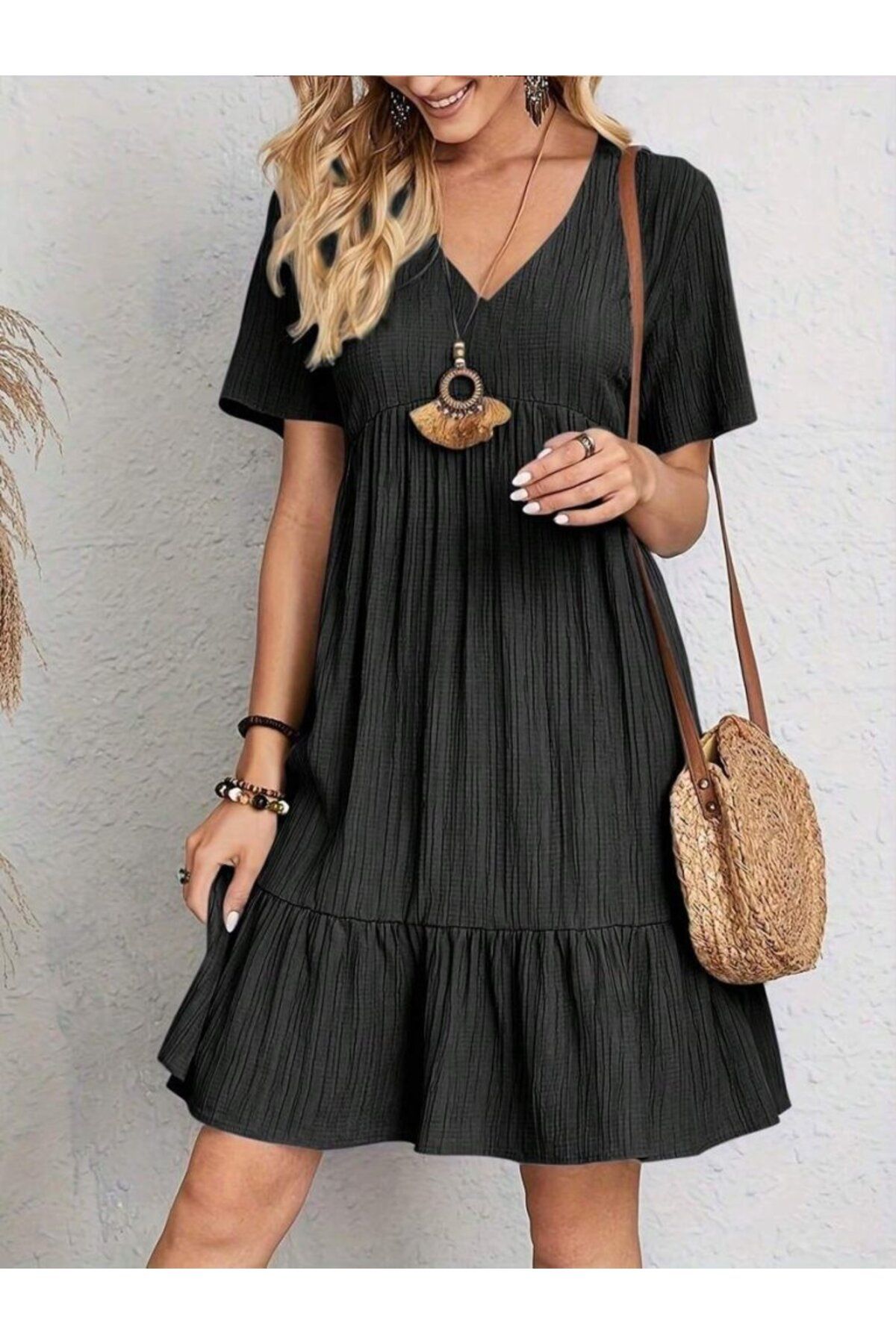 ARUZ MODA Kadın Kısa Kollu V Yakalı Fırfırlı Bürümcük Elbise