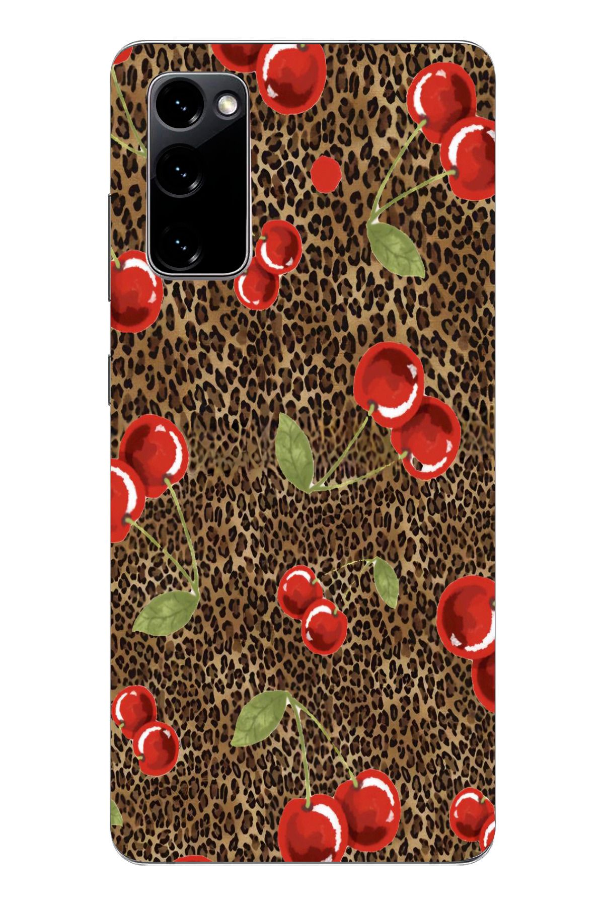 moonset Samsung Galaxy S20 FE Uyumlu Leopar ve Kiraz Tasarımlı Baskılı Şeffaf Telefon Kılıfı