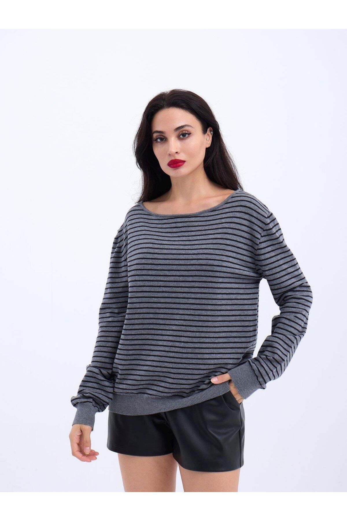 ARUZ MODA 4215 TRİKO ÇİZGİLİ SALAŞ KAZAK-GRİ-SİYAH