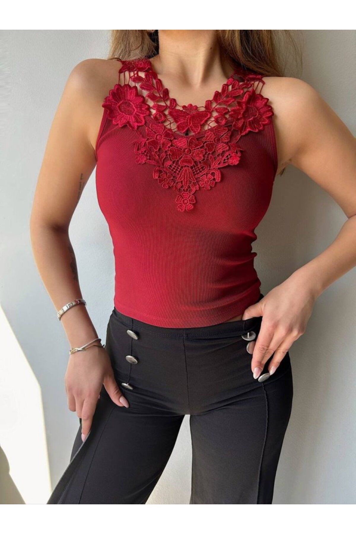 ARUZ MODA Kadın Ottoman Kumaş Dantel Detaylı Bluz