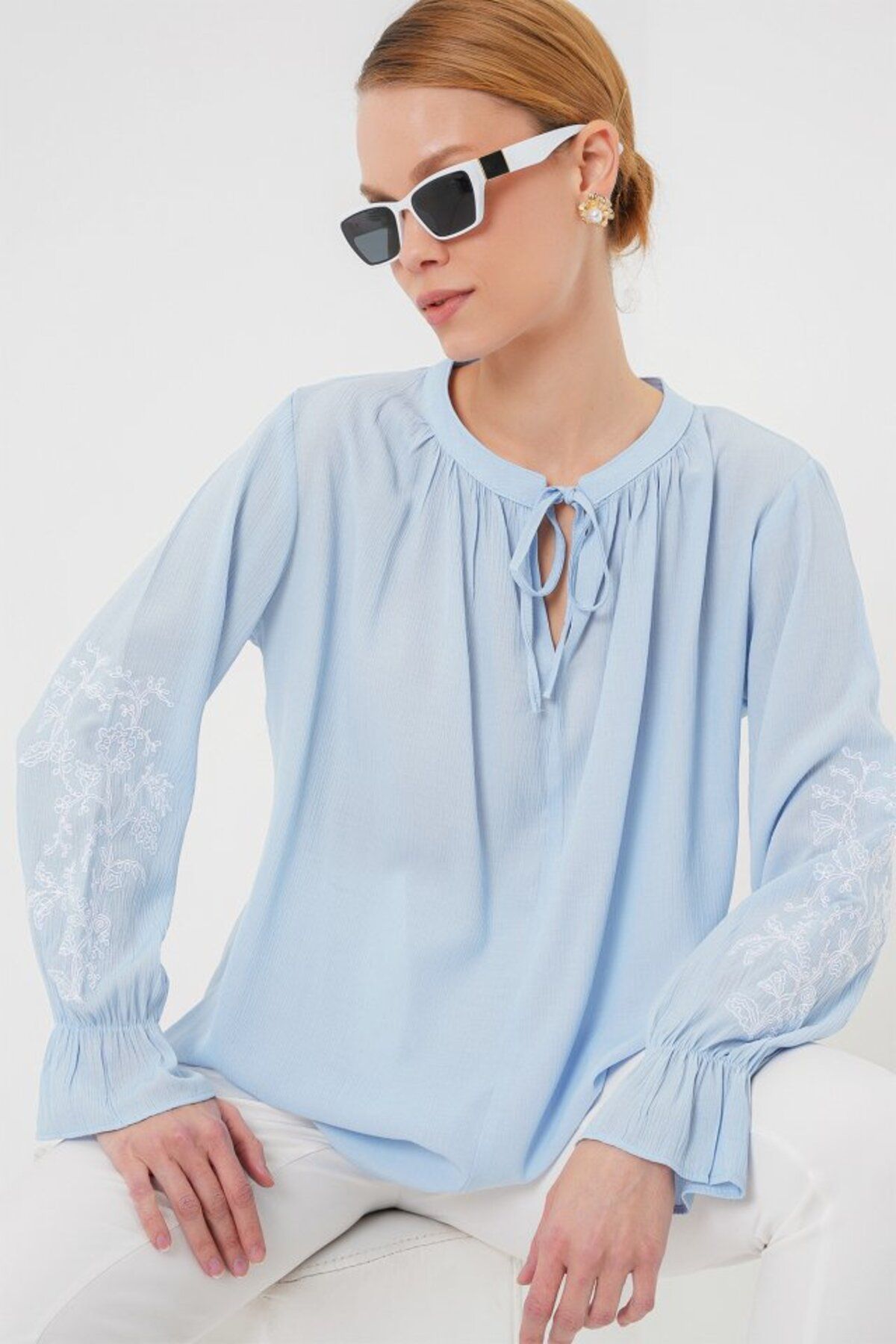 ARUZ MODA Nakışlı Örme Bluz 941 - Mavi