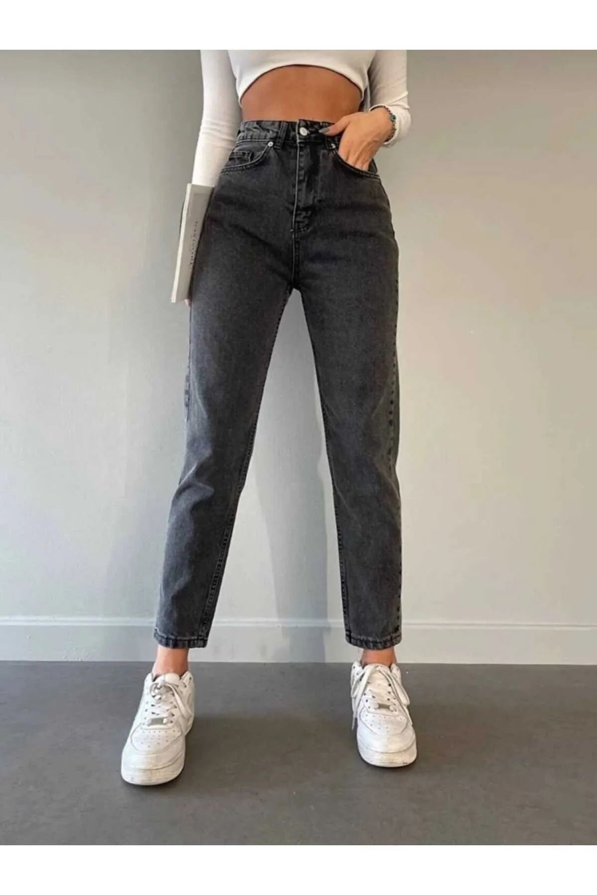 JILLY May Kadın Füme Yüksek Bel Yumuşak Dokunuşlu Rahat Kesim Mom Jean Kot Pantolon