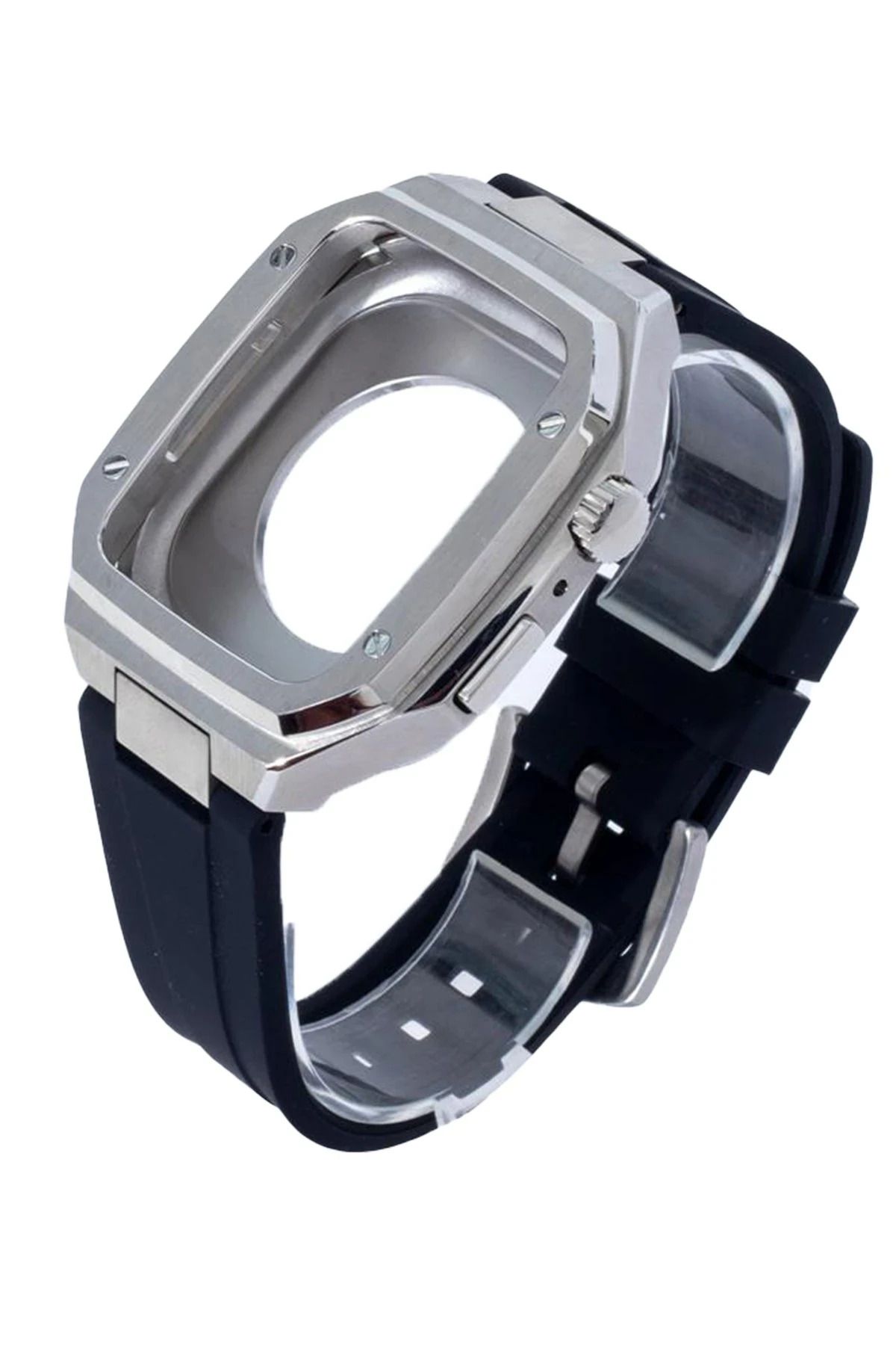 NewFace Apple Watch 44mm KR402 Metal Kasa Silikon Kordon - Gümüş GLSTD