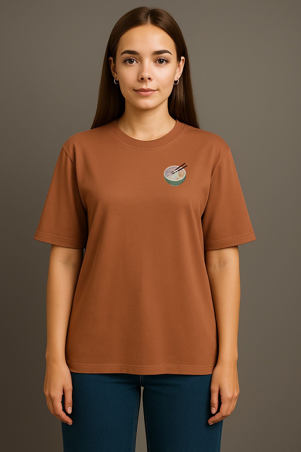 wolka Noodle Baskılı Unisex %100 Pamuk Oversize Bisiklet Yaka Kahverengi T-shirt