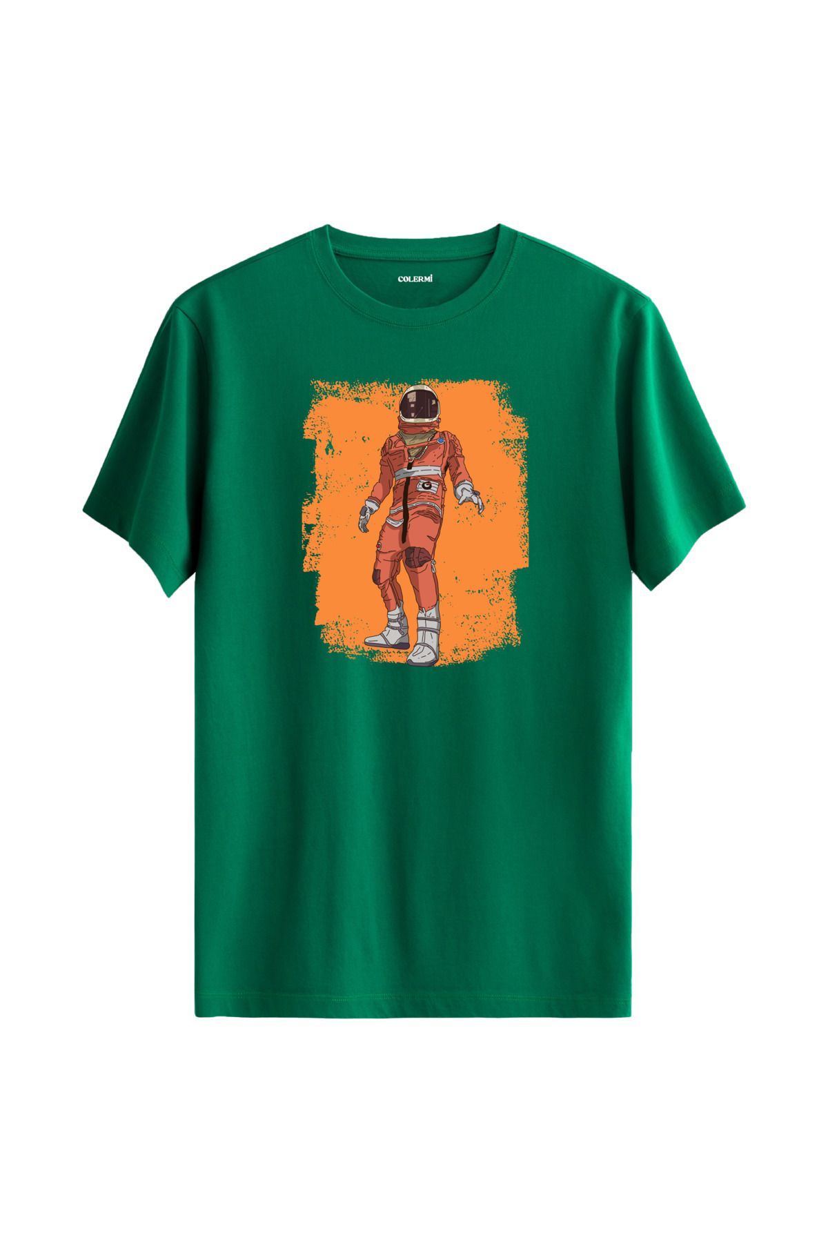 Colermi Turuncu Astronot Grafik Baskılı Unisex %100 Pamuk Yeşil Tshirt