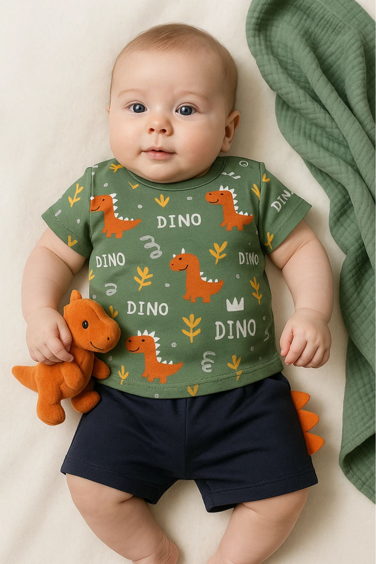 HAVUÇ BEBEK Kiddimax Yazlık Dinozorlar Baskılı Şortlu 2’li Bebek Takım