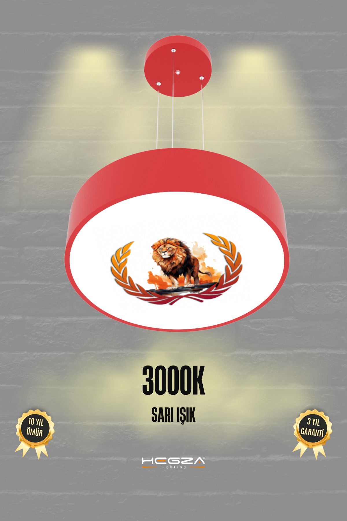 Hegza Lighting Drum 40cm Sarı Kırmızı Aslan Taraftar Ledli Modern Sarkıt Avize ( 3000K Sarı Işık )