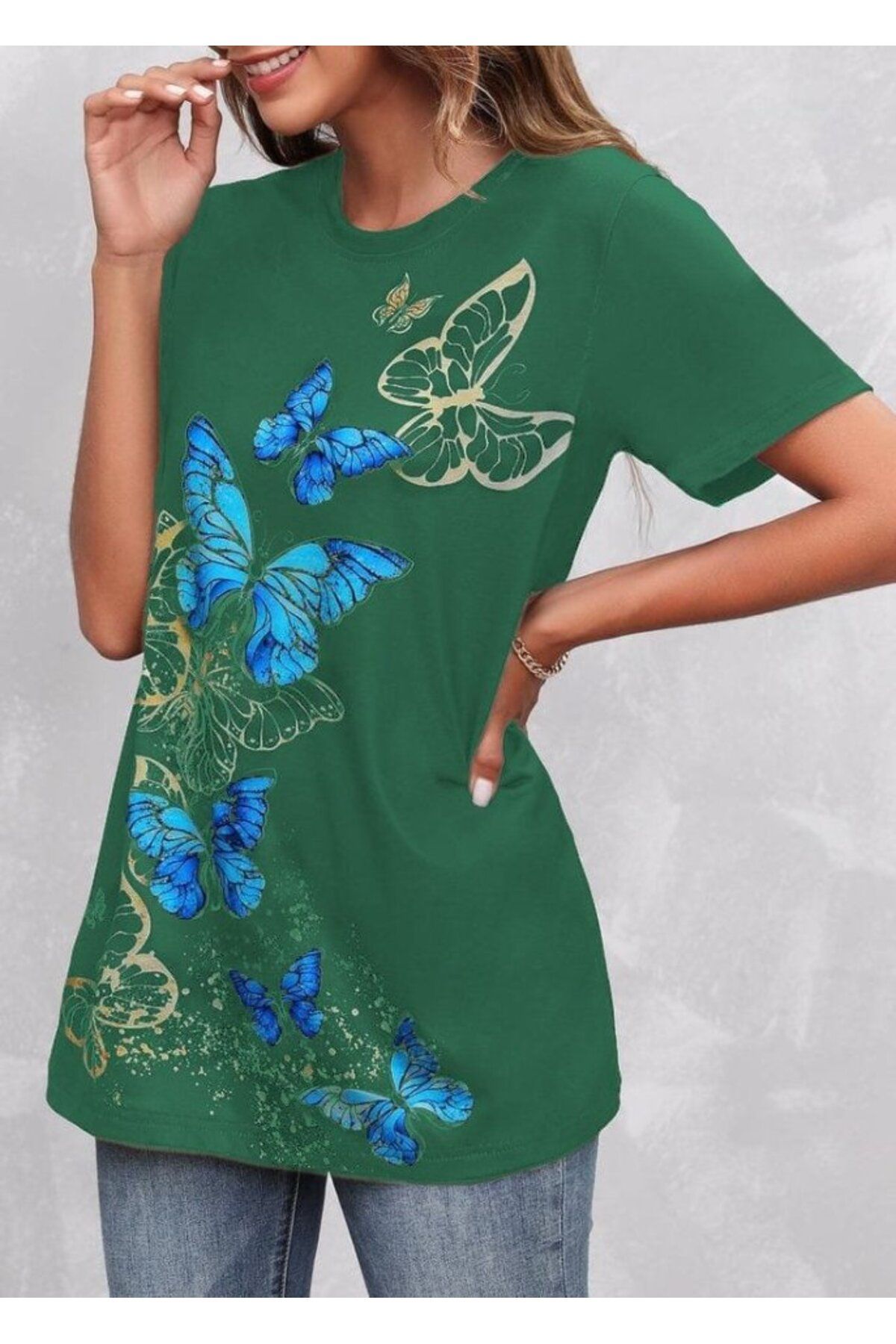 ARUZ MODA Kadın Kısa Kollu Mavi Sarı Kelebek Baskı Süprem T-shirt