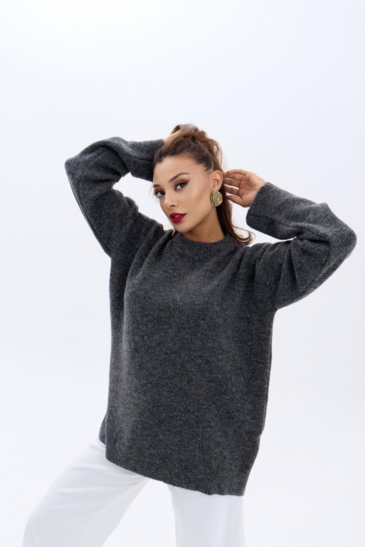 ARUZ MODA 43071 TRİKO SIFIR YAKA SALAŞ KAZAK-ANTRASİT