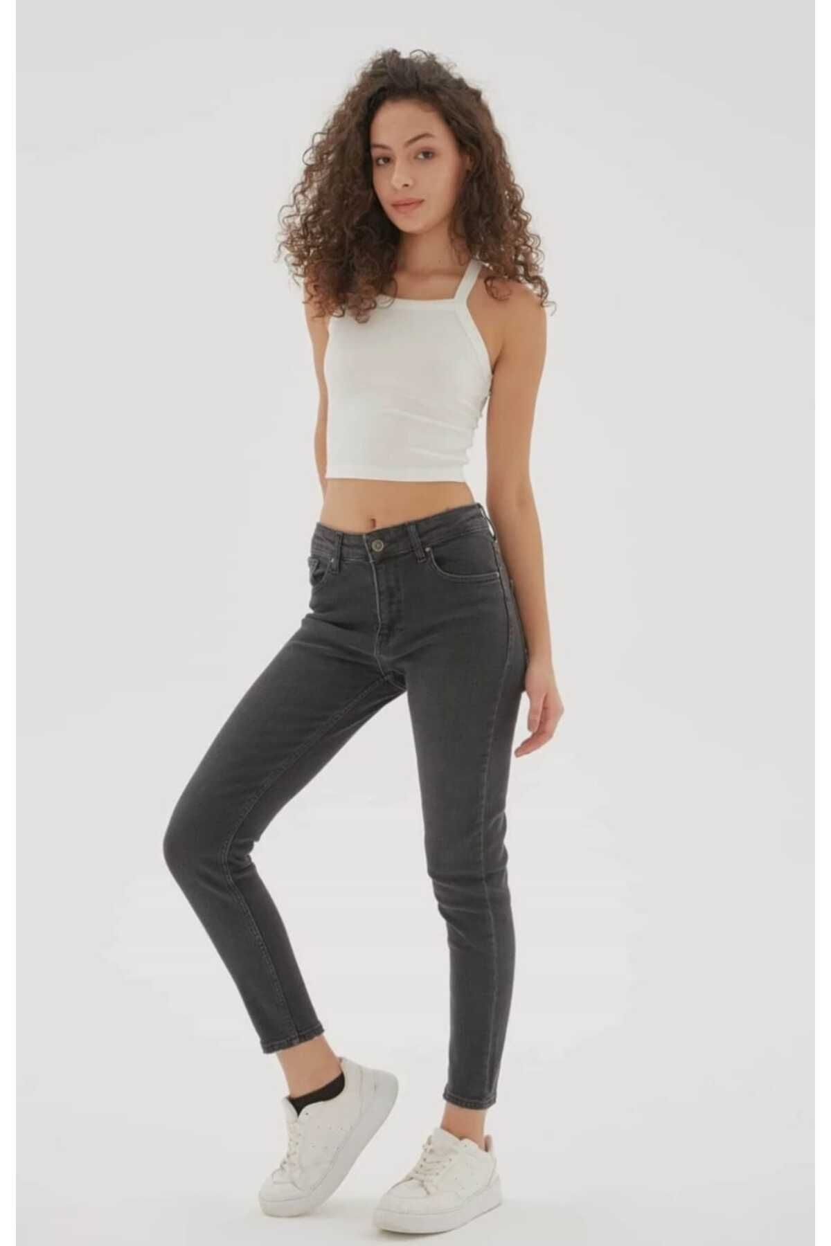 ButikSN collection Kadın Kot Pantolon Denim İnce Füme Renk Yüksek Bel slim