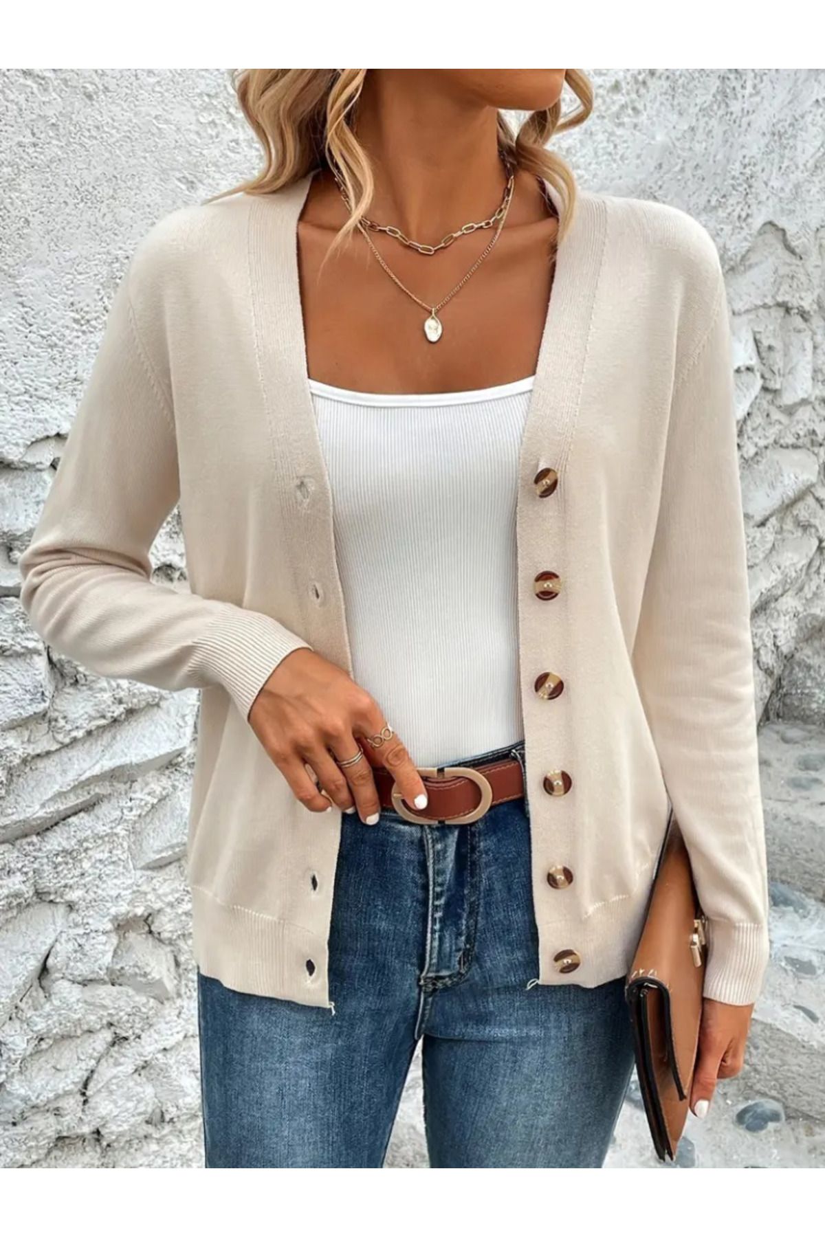 ARUZ MODA Kasın Uzun Kollu önü Düğmeli Kısa Hırka