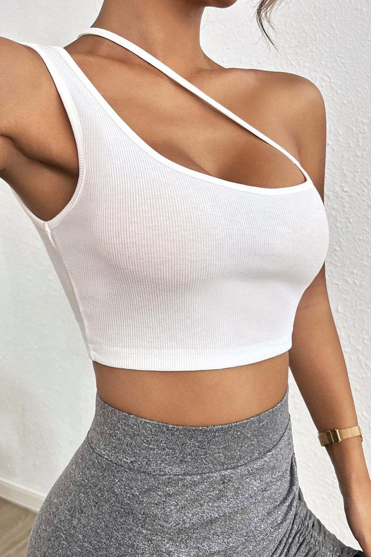 Ethab Ticaret Kadın Beyaz Tek Omuzlu Çapraz Askılı Crop Top Büstiyer