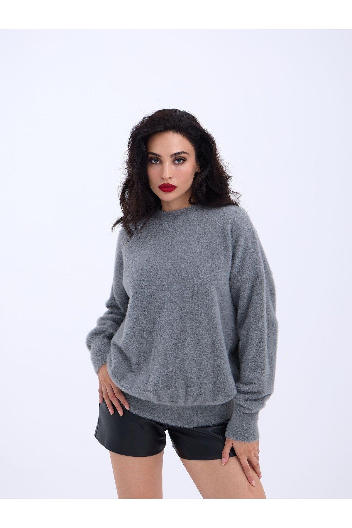 ARUZ MODA 42331 TRİKO SIFIR YAKA SALAŞ KAZAK-GRİ