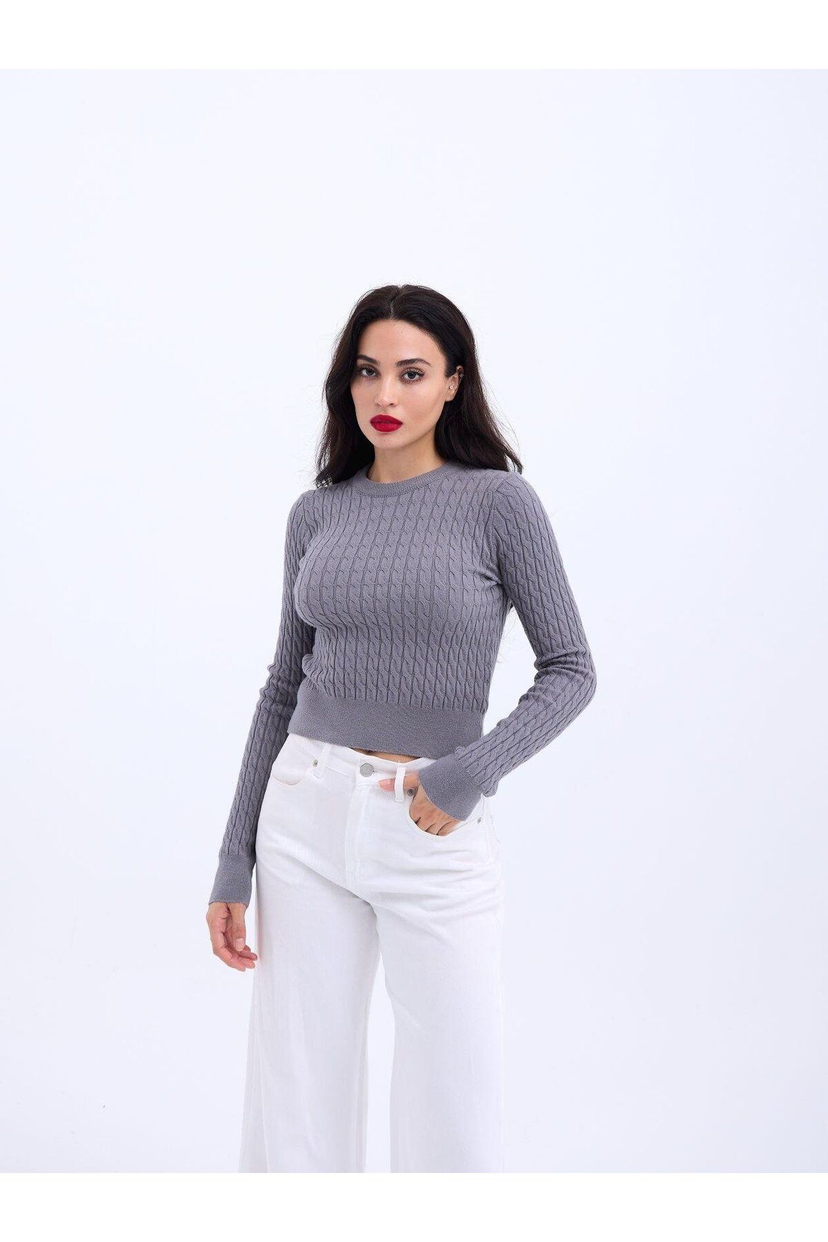 ARUZ MODA 4211 TRİKO SAÇ ÖRGÜ KAZAK-GRİ