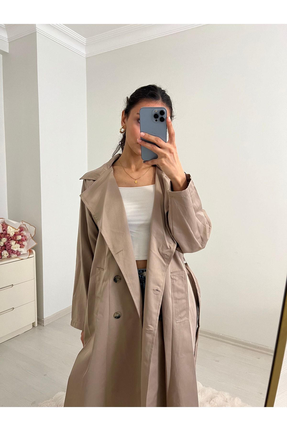 Üda Boutique Vizon renk uzun trençkot