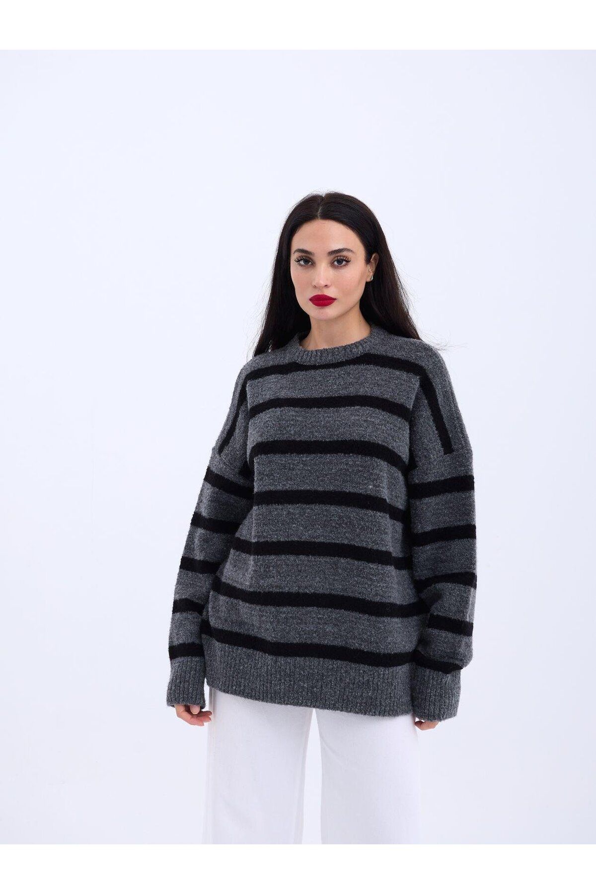 ARUZ MODA 43111 TRİKO ÇİZGİLİ SALAŞ KAZAK-ANTRASİT-SİYAH