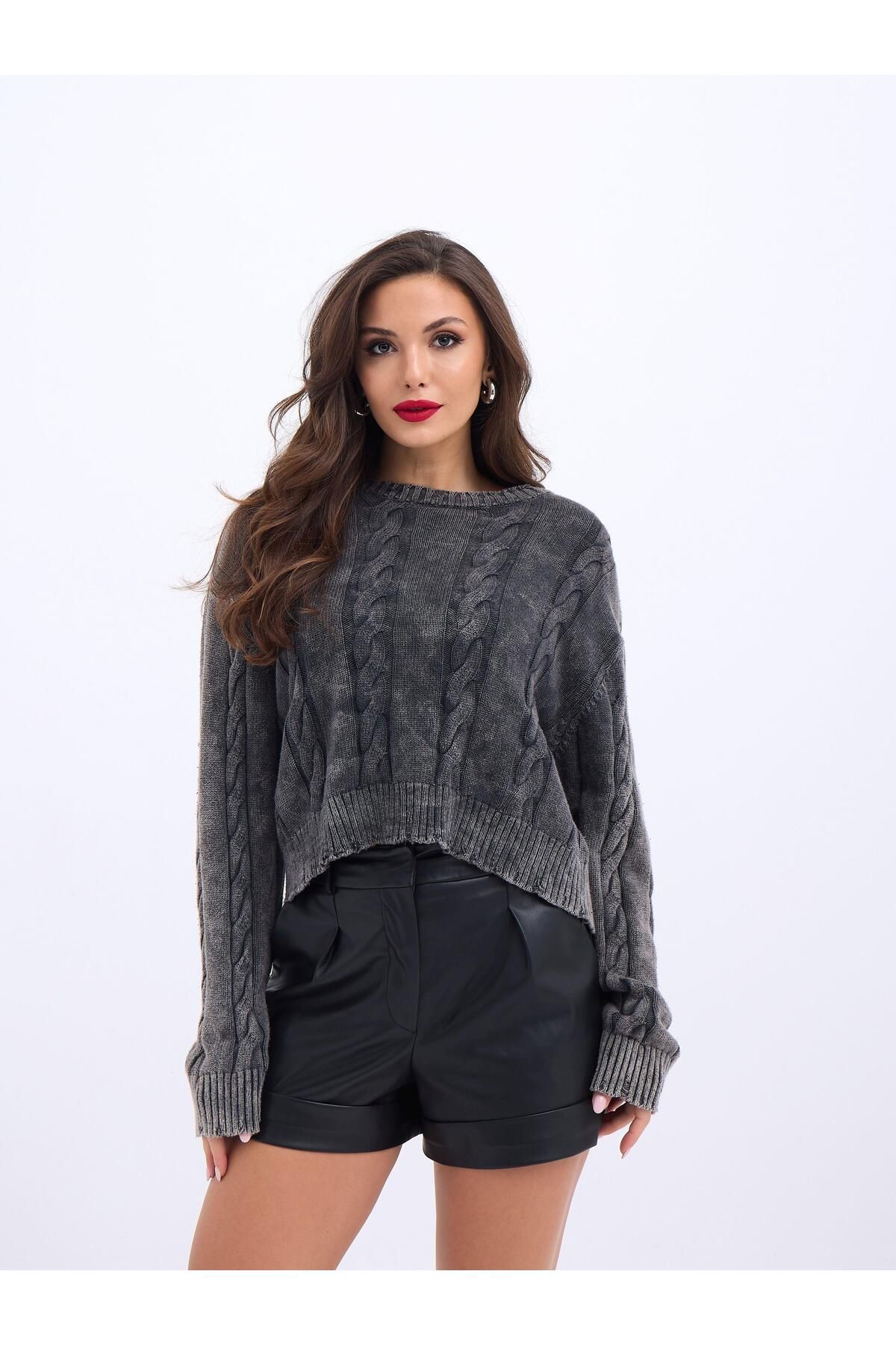 ARUZ MODA 43331 TRİKO SAÇ ÖRGÜ KAZAK-SİYAH