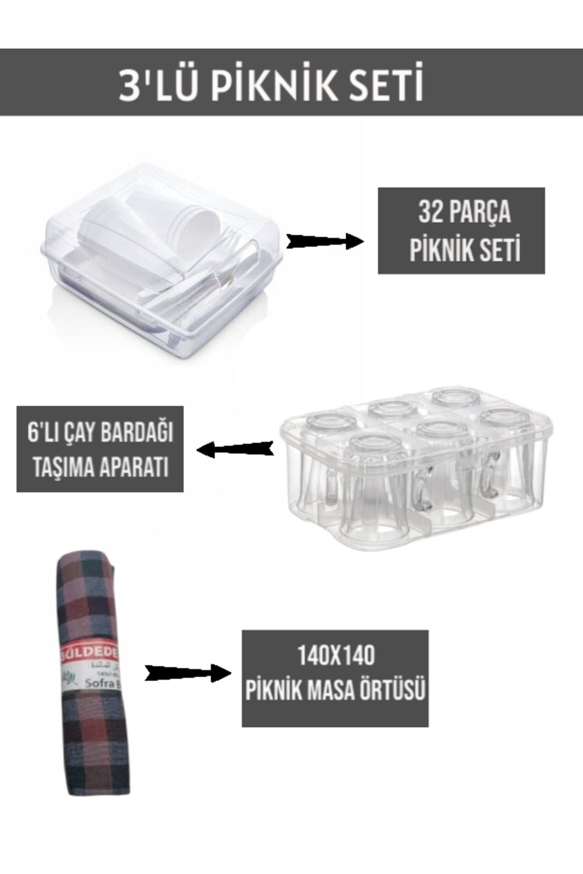 CocoVia ( 3'lü PİKNİK SETİ ) 32 Parça Piknik Seti -6'lı Çay Bardağı Taşıma Aparatı - Piknik Masa Örtüsü