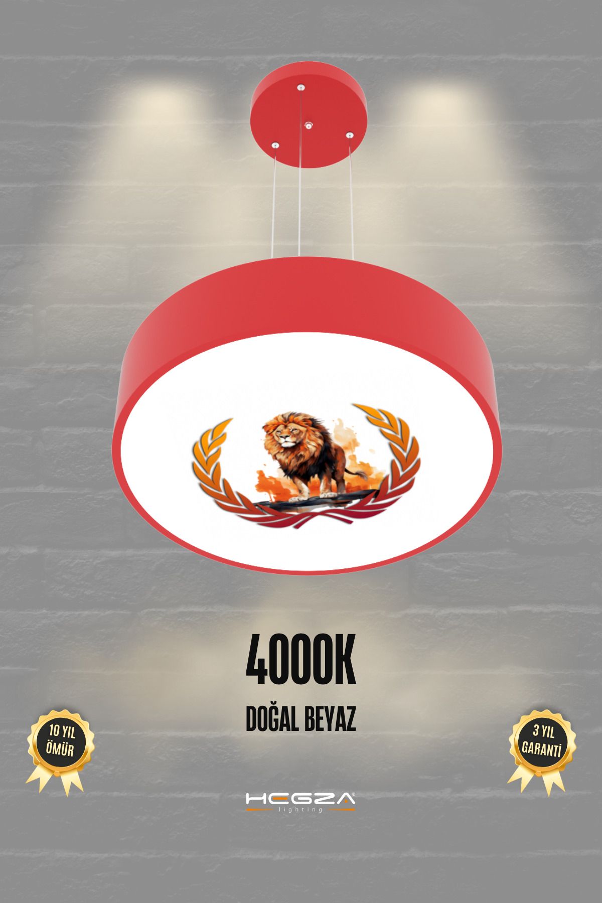 Hegza Lighting Drum 40cm Sarı Kırmızı Aslan Taraftar Ledli Modern Sarkıt Avize ( 4000K Doğal Beyaz Işık )