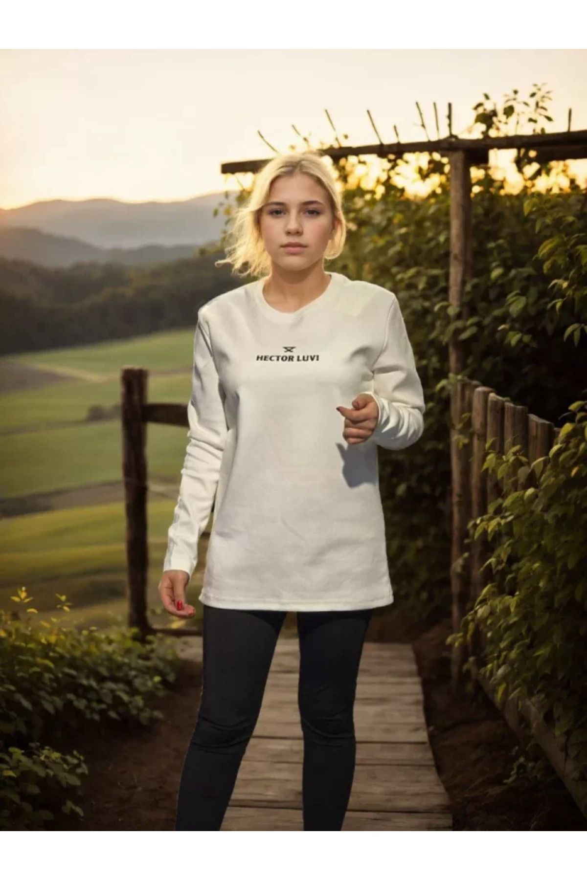 ARUZ MODA Unisex Bisiklet Yaka Uzun Kollu T-Shirt - Beyaz