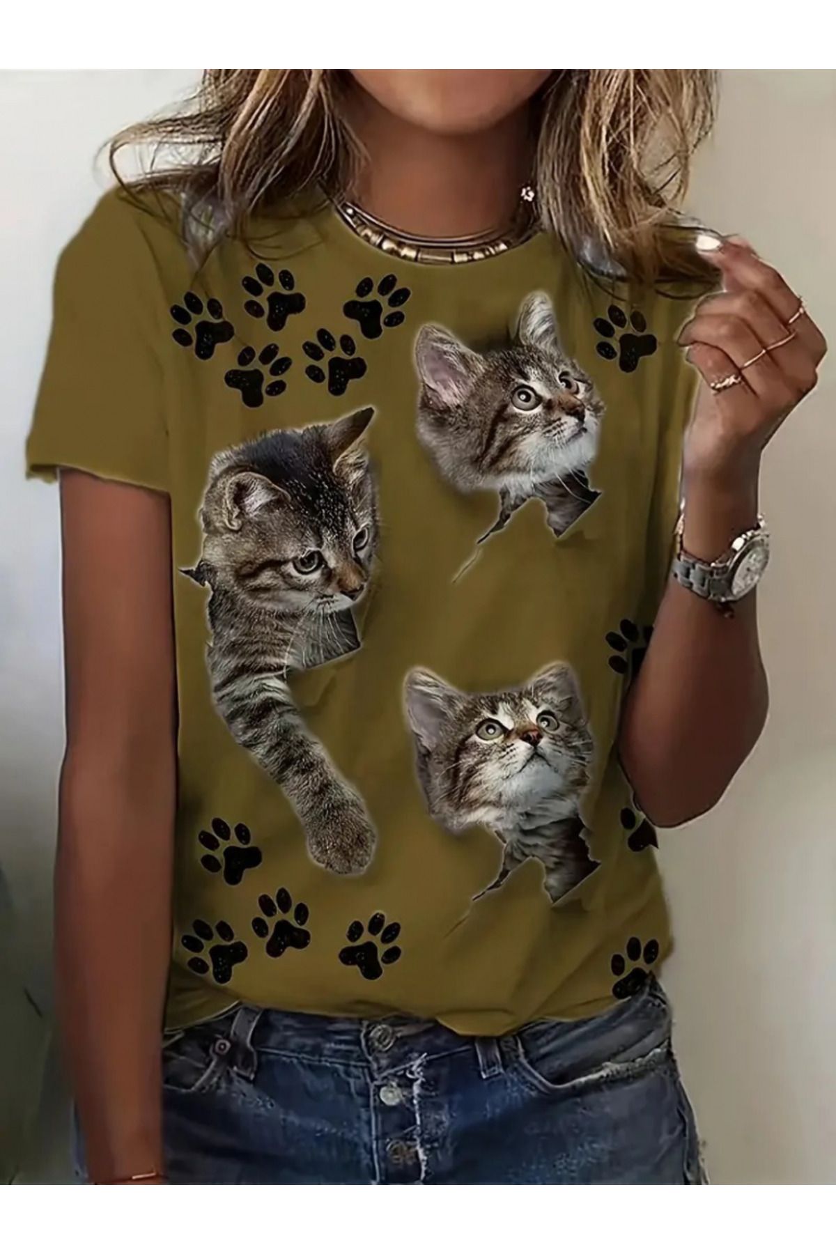 ARUZ MODA Kadın Kısa Kollu Kedi Ve Pati Baskılı Süprem T-shirt