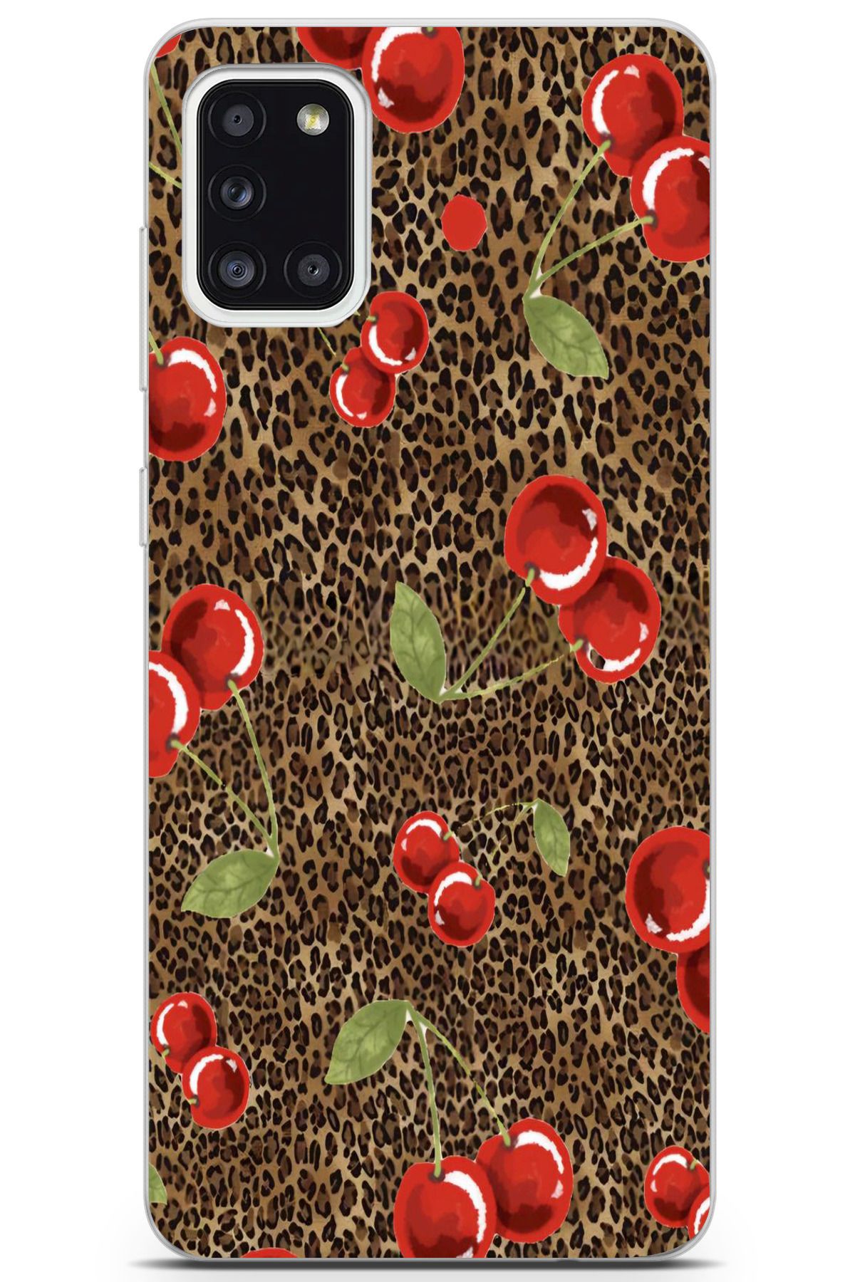 moonset Samsung Galaxy A31 Uyumlu Leopar ve Kiraz Tasarımlı Baskılı Şeffaf Telefon Kılıfı