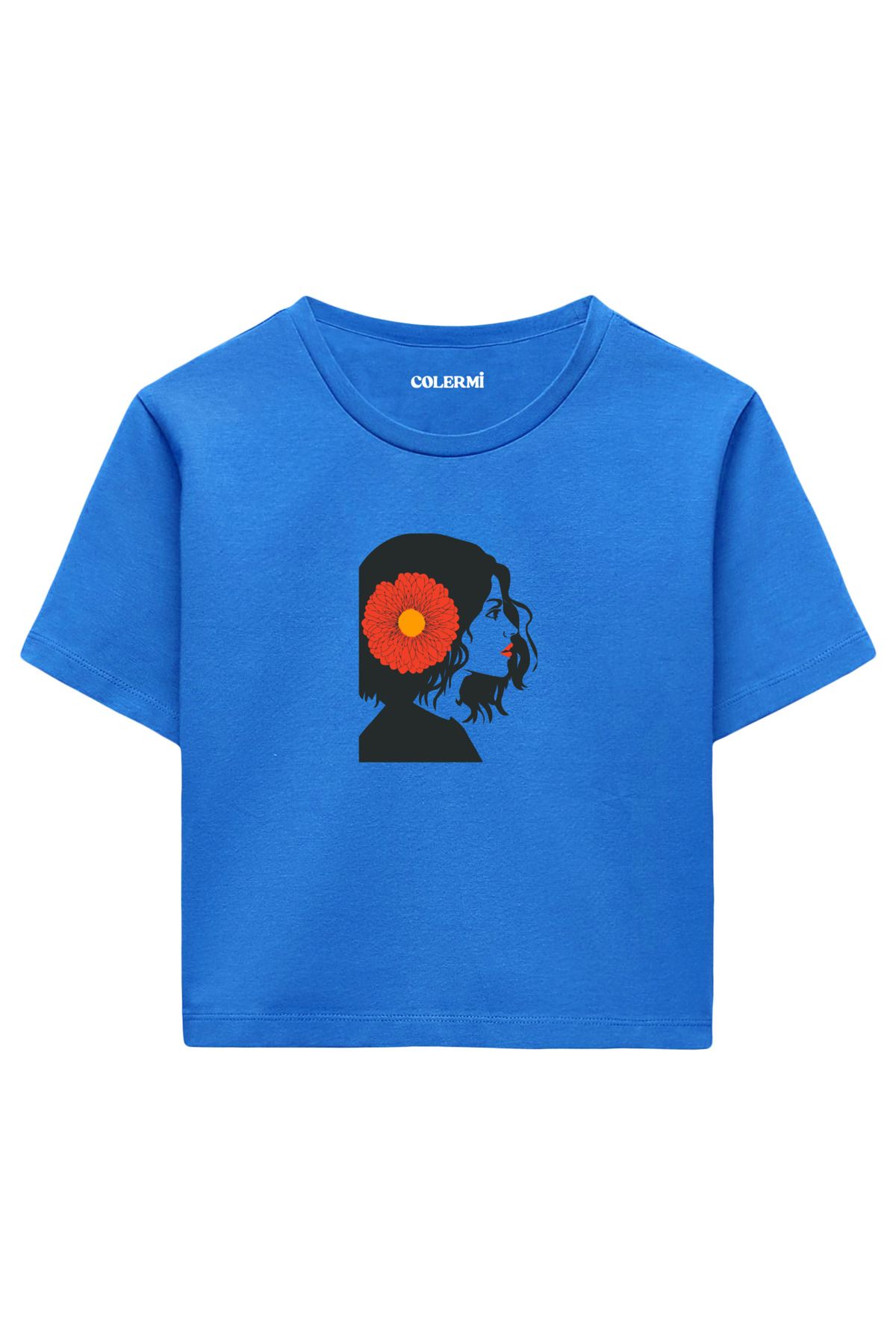 Colermi Çiçek Desenli COOL Yazılı %100 Pamuk Kadın Crop Tshirt