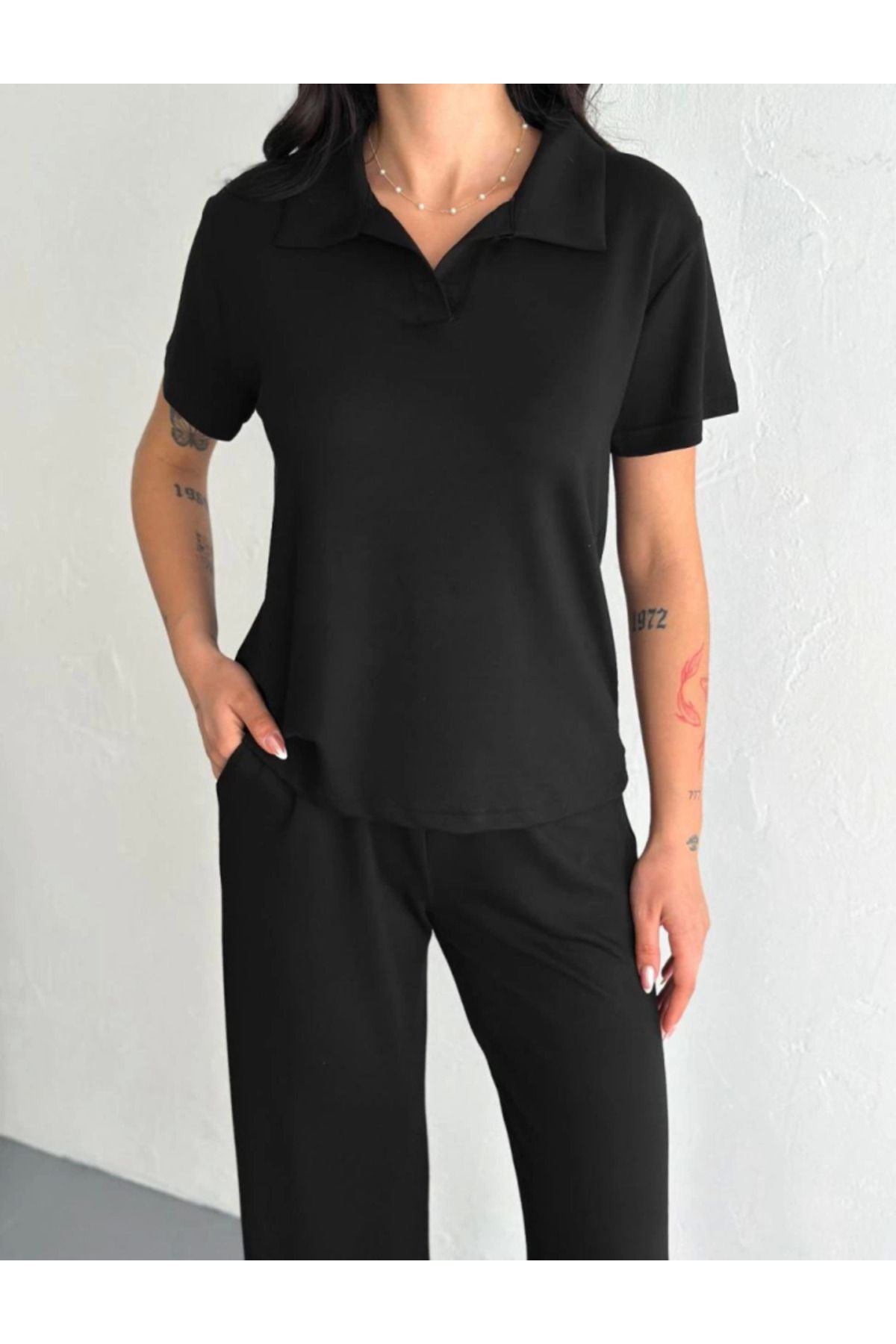 ARUZ MODA Osy Modal Yumuşak Dokulu Kumaş Kısa Kollu Yakalı T-shirt Pantalon Ikili Takım- Siyah