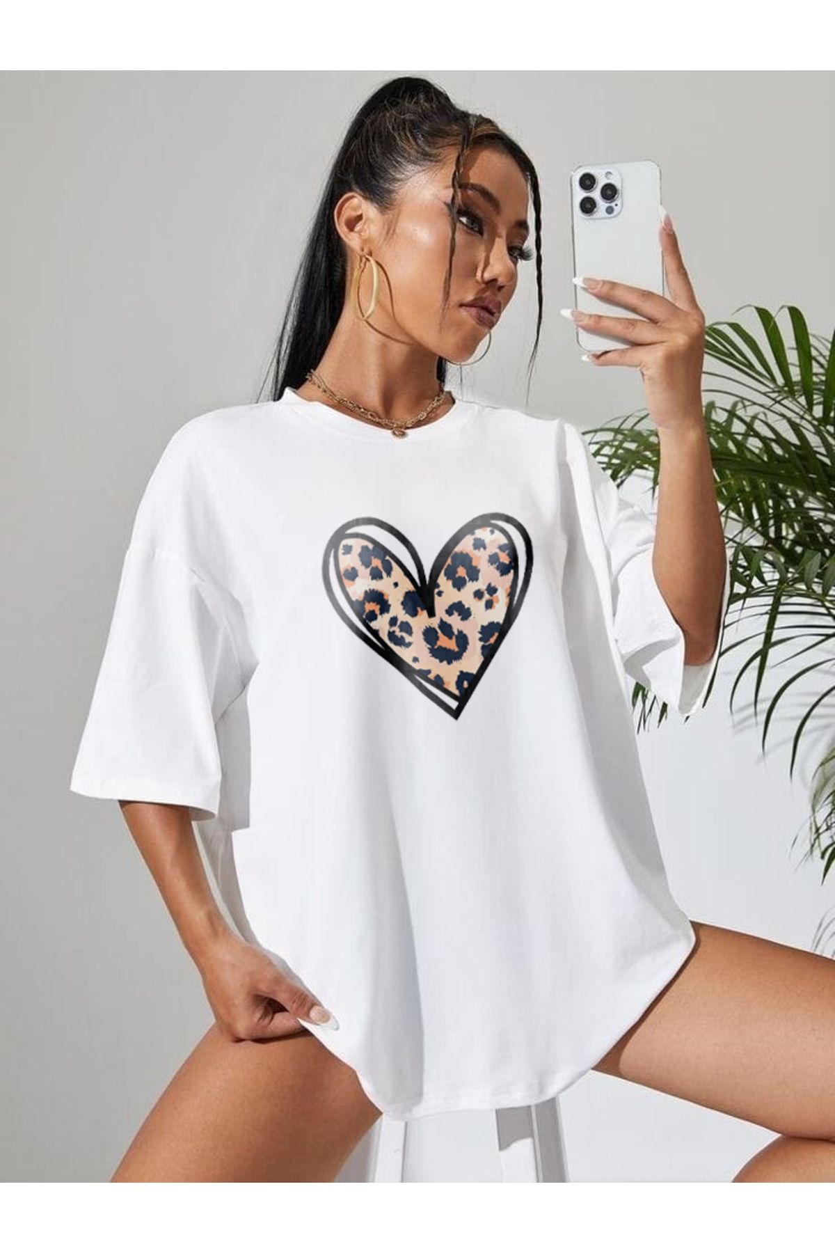 TekTarzz Unisex Leopar Kalp Baskılı Tshirt