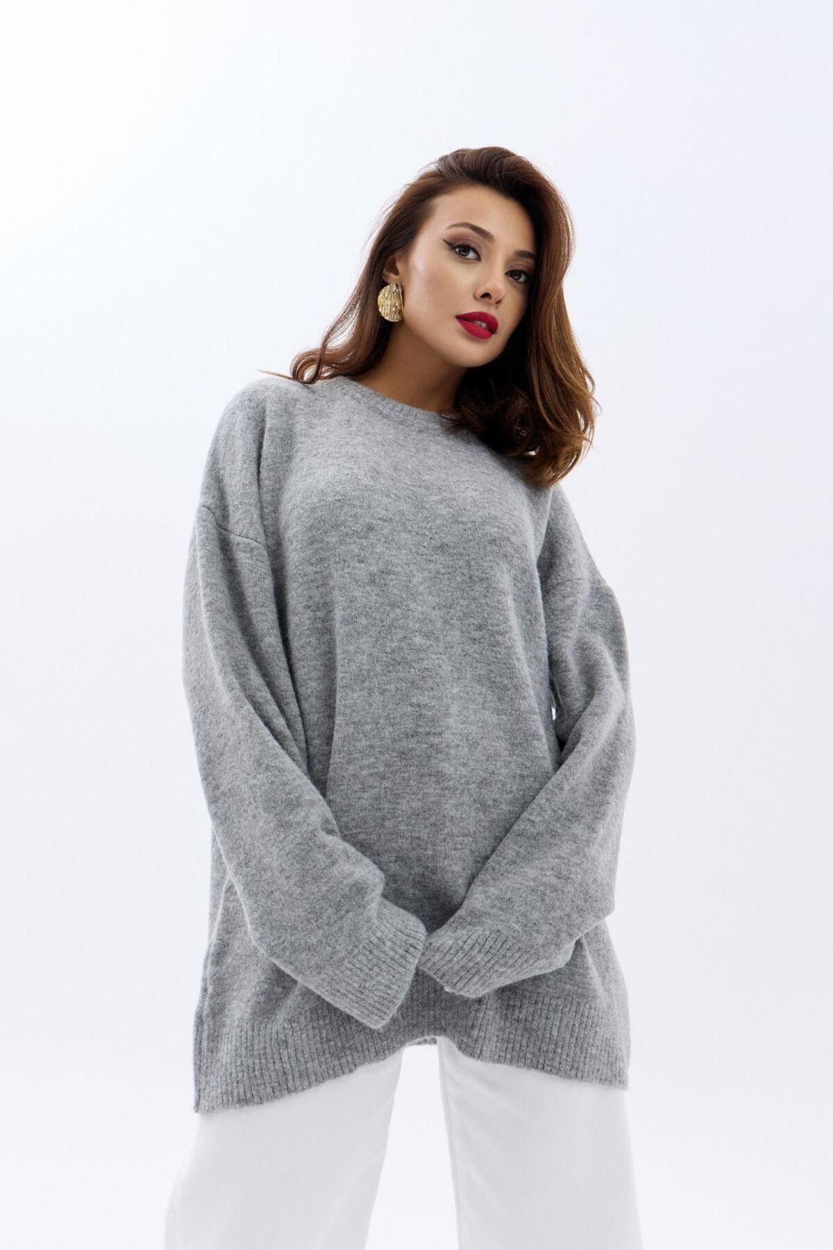 ARUZ MODA 43071 TRİKO SIFIR YAKA SALAŞ KAZAK-GRİ