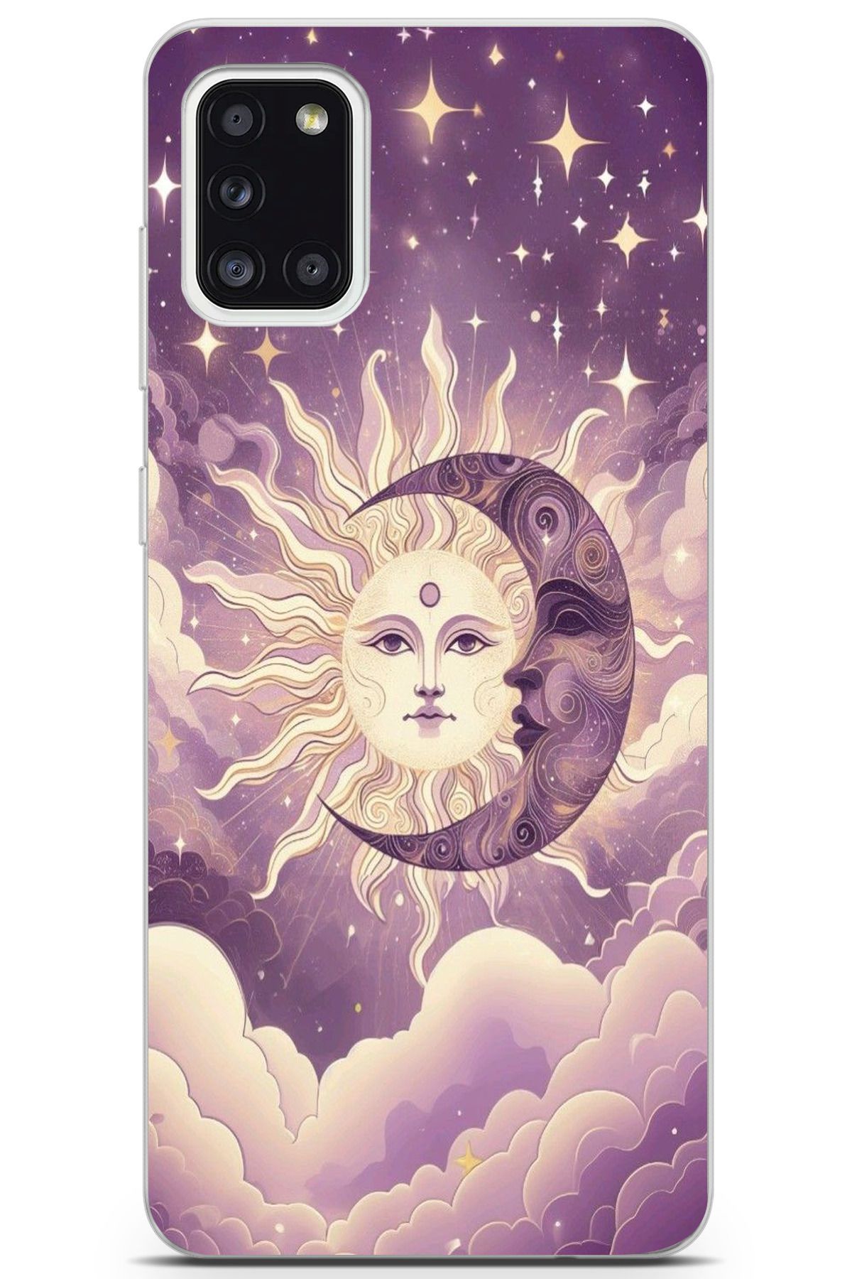 moonset Samsung Galaxy A31 Uyumlu Ay ve Güneş Tasarımlı Baskılı Şeffaf Telefon Kılıfı
