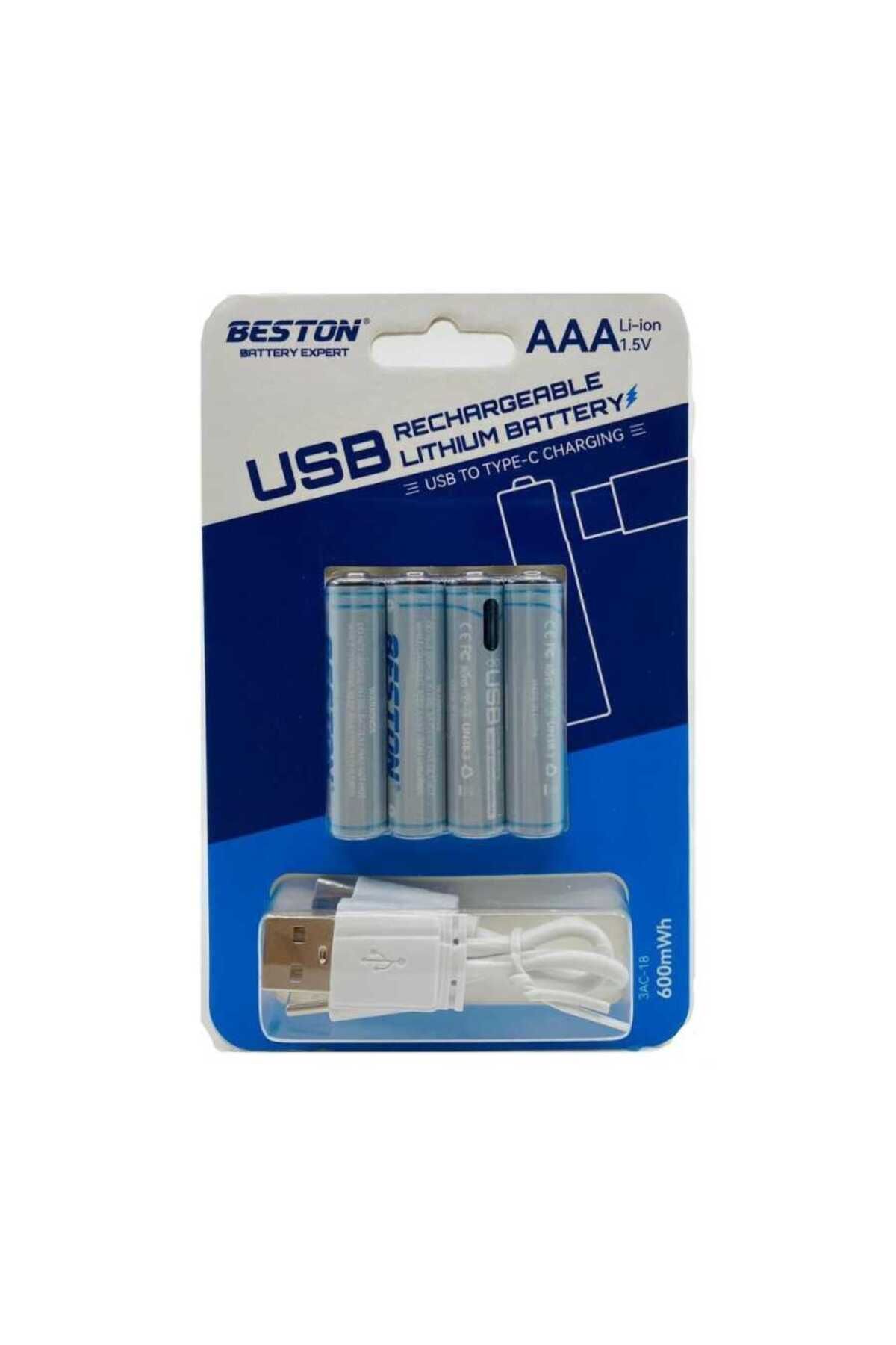 Beston AAA 1.5v USB'den TYPE-C'ye 4lü Şarjlı Li-ion Pil