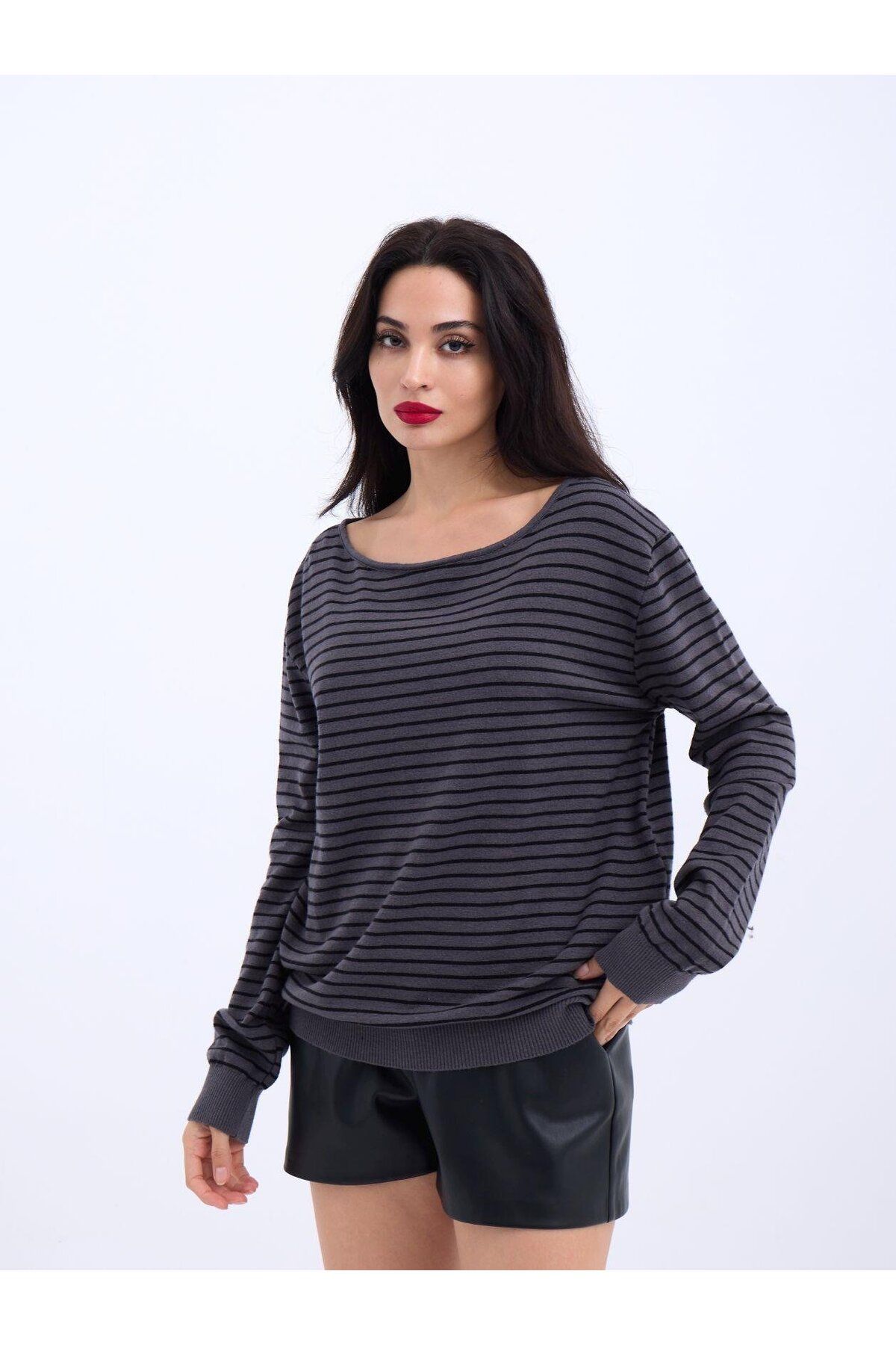 ARUZ MODA 4215 TRİKO ÇİZGİLİ SALAŞ KAZAK-ANTRASİT-SİYAH