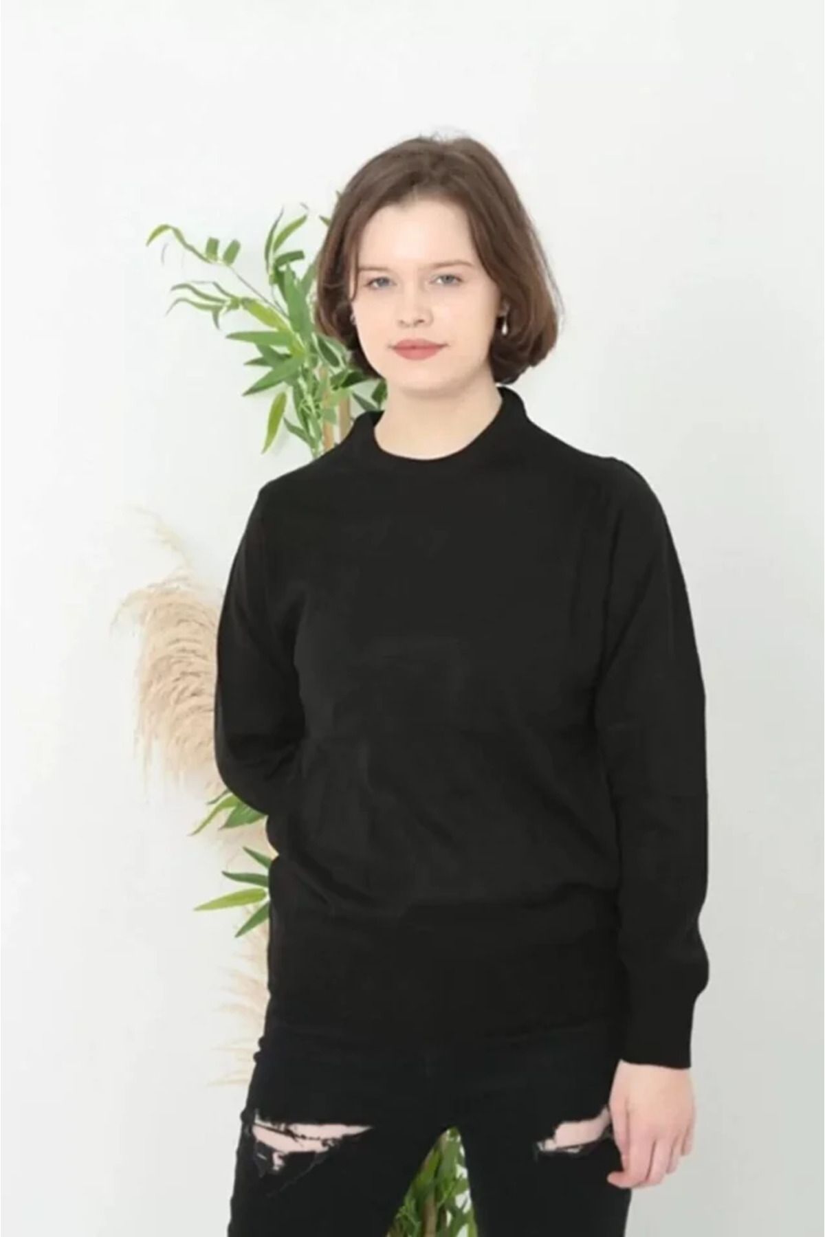 ARUZ MODA Bisiklet Yaka Düz Kazak - Siyah