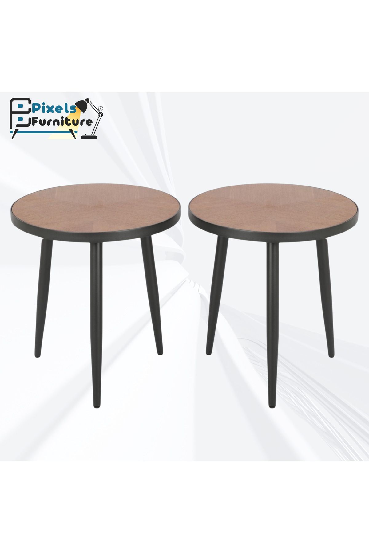 PixelsFurniture-Set of 2 Pixel Furniture Round Side Coffee Tables with Wood Top and Metal Ends 1