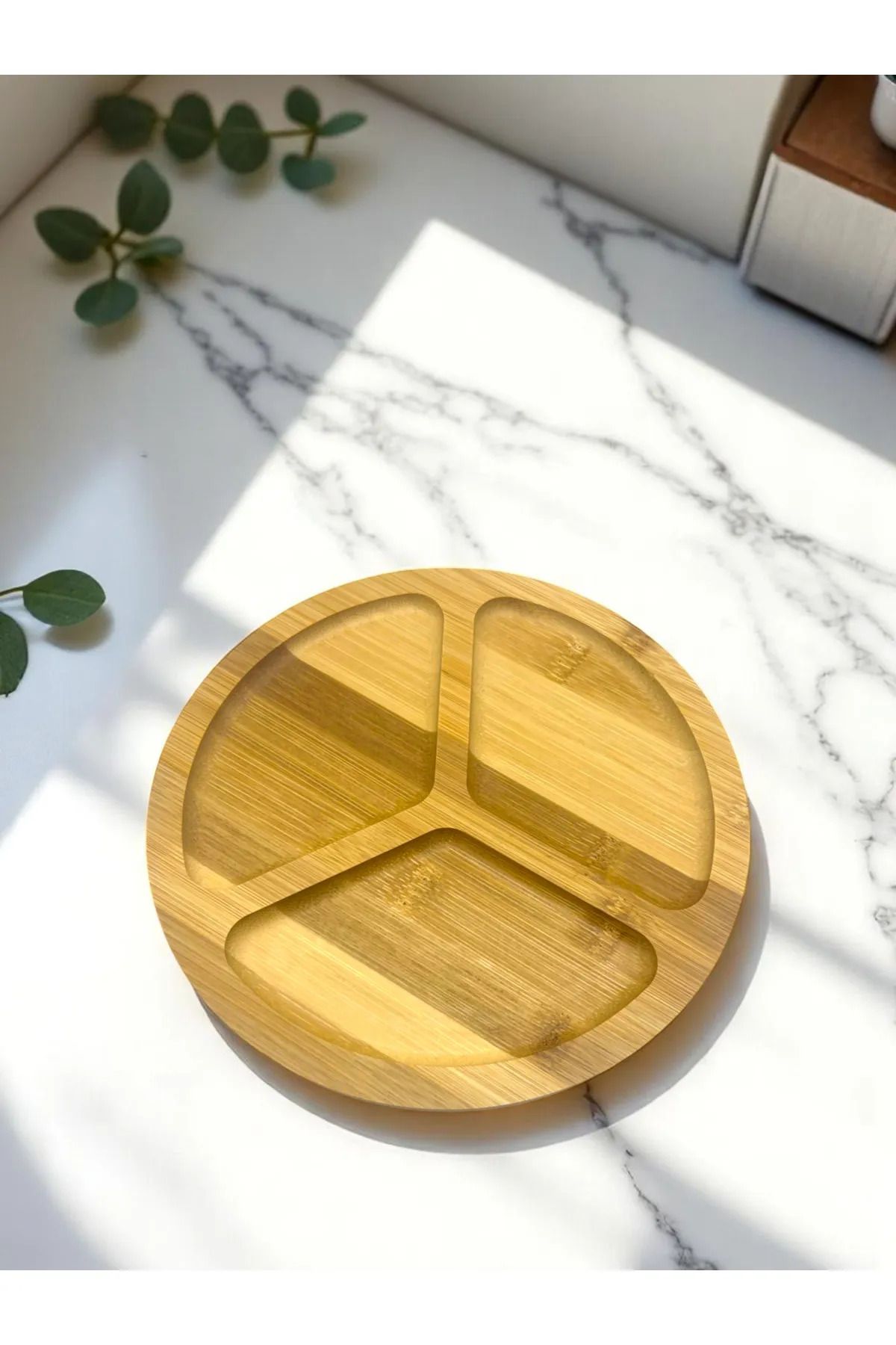Home Bambu Ahşap Yuvarlak 3 Bölmeli Sunum Tabağı Çerezlik, Sunumluk