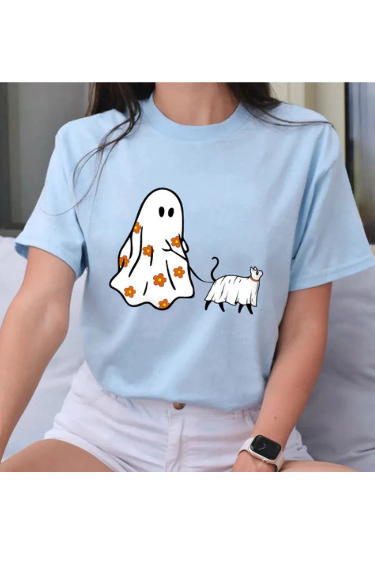 FeaR LeeS Hayalet ve Kedi Baskılı Oversize T-shirt