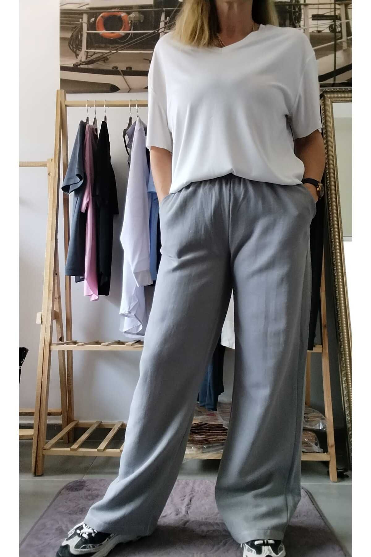 Batito Boutique Gri Keten Geniş Paça Rahat Form Kadın Palazzo Pantolon