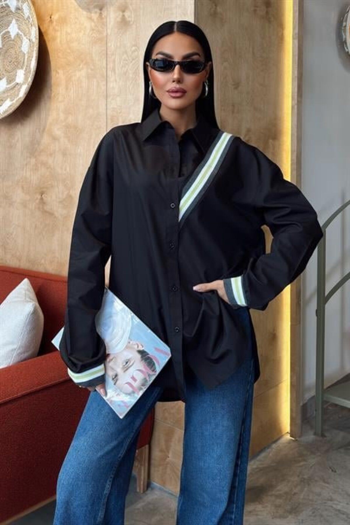 ARUZ MODA Bant Detaylı Oversize Poplin Gömlek 3436